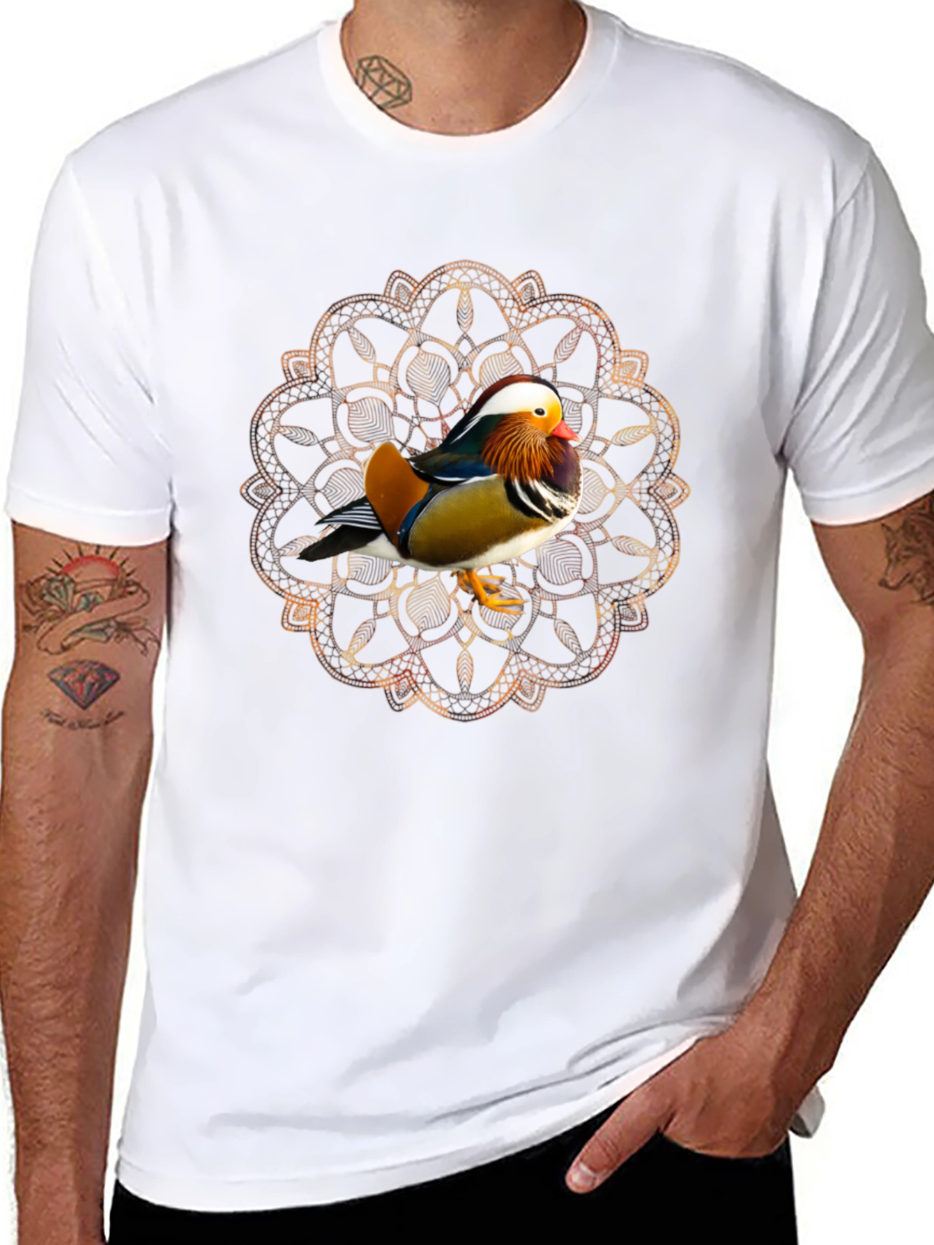 Black Mandarin Duck Mandala Graphic Tee - Stylish Men's T-Shirt view 8