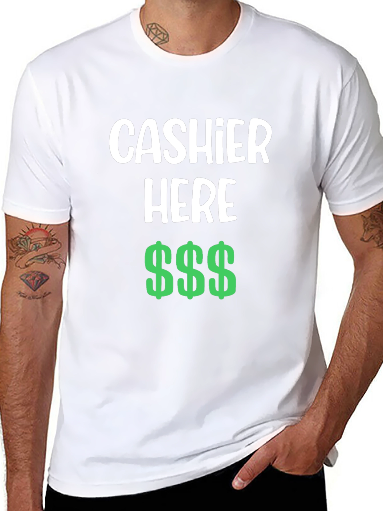 Black Cashier Here Funny T-Shirt - Black Crew Neck Tee view 8