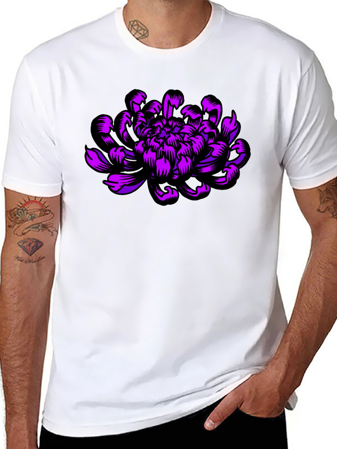 Black Black T-Shirt with Purple Flower Design view 8