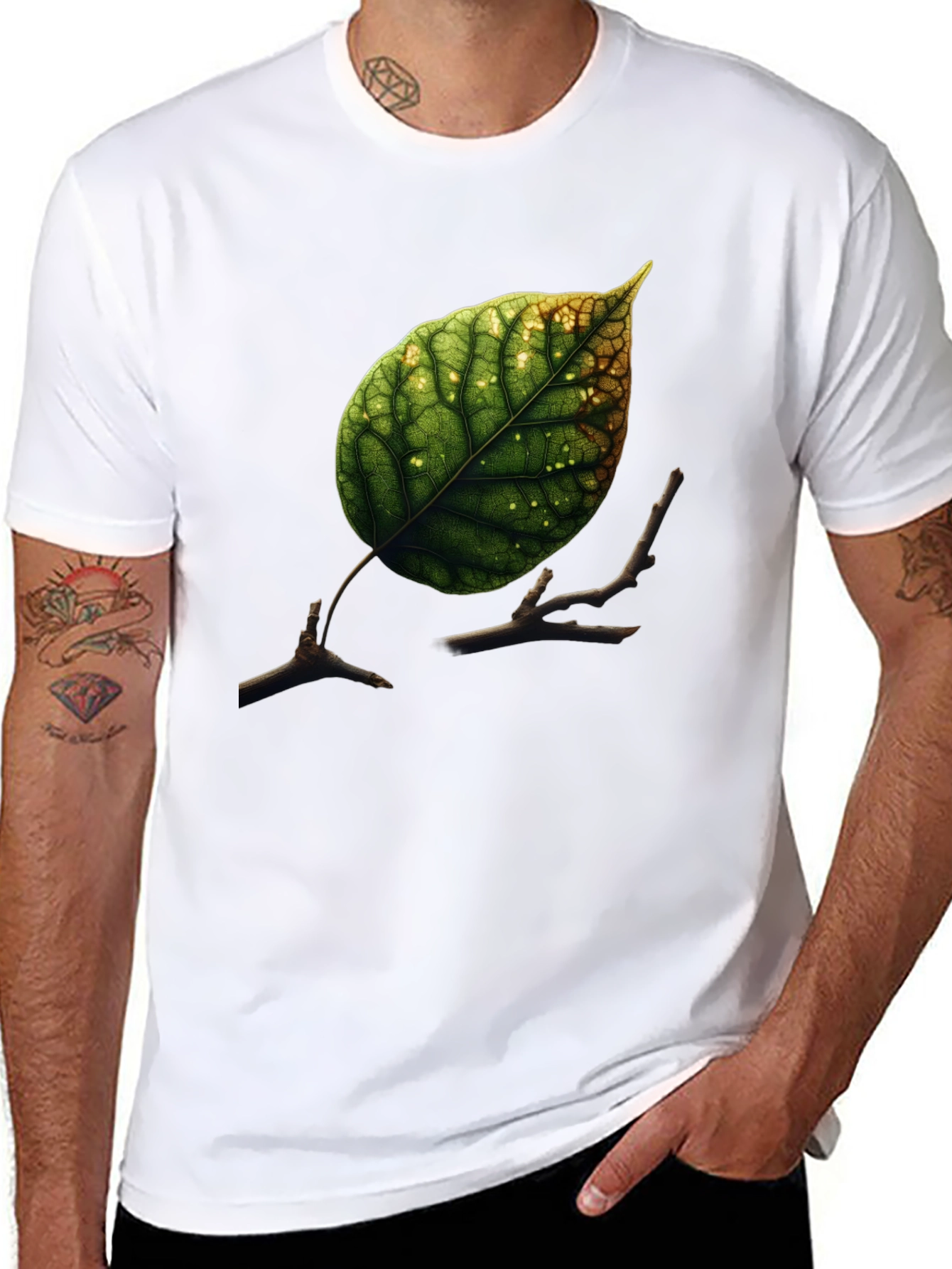 Black Leaf & Twigs Graphic Tee - Nature Inspired Black T-Shirt view 8