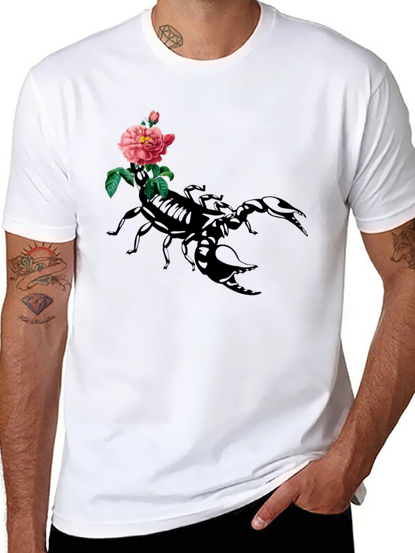 Black Scorpion & Rose Graphic Tee - Men's Black Cotton T-Shirt view 8