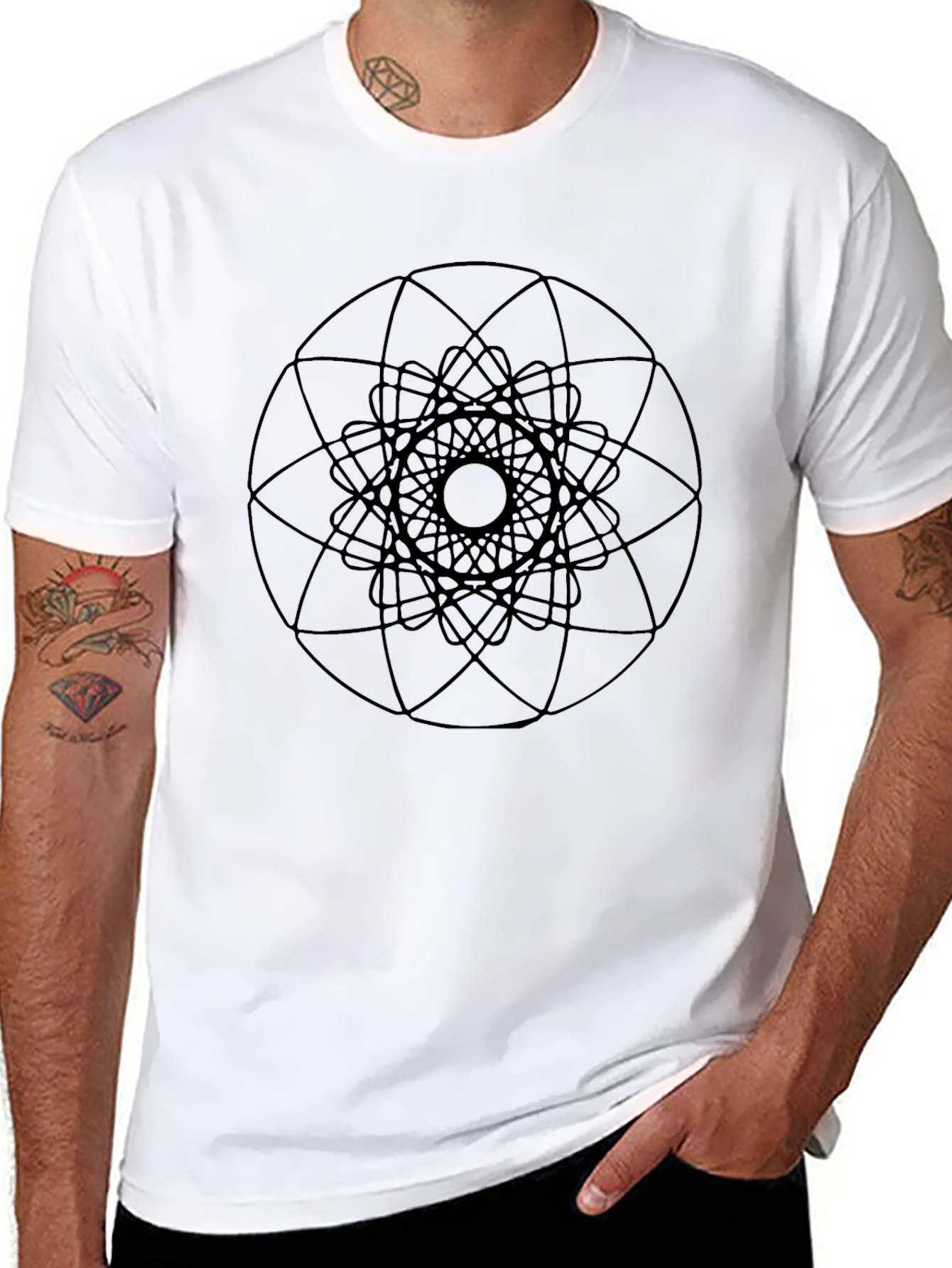 Black Geometric Mandala Black T-Shirt - Modern Minimalist Design view 8