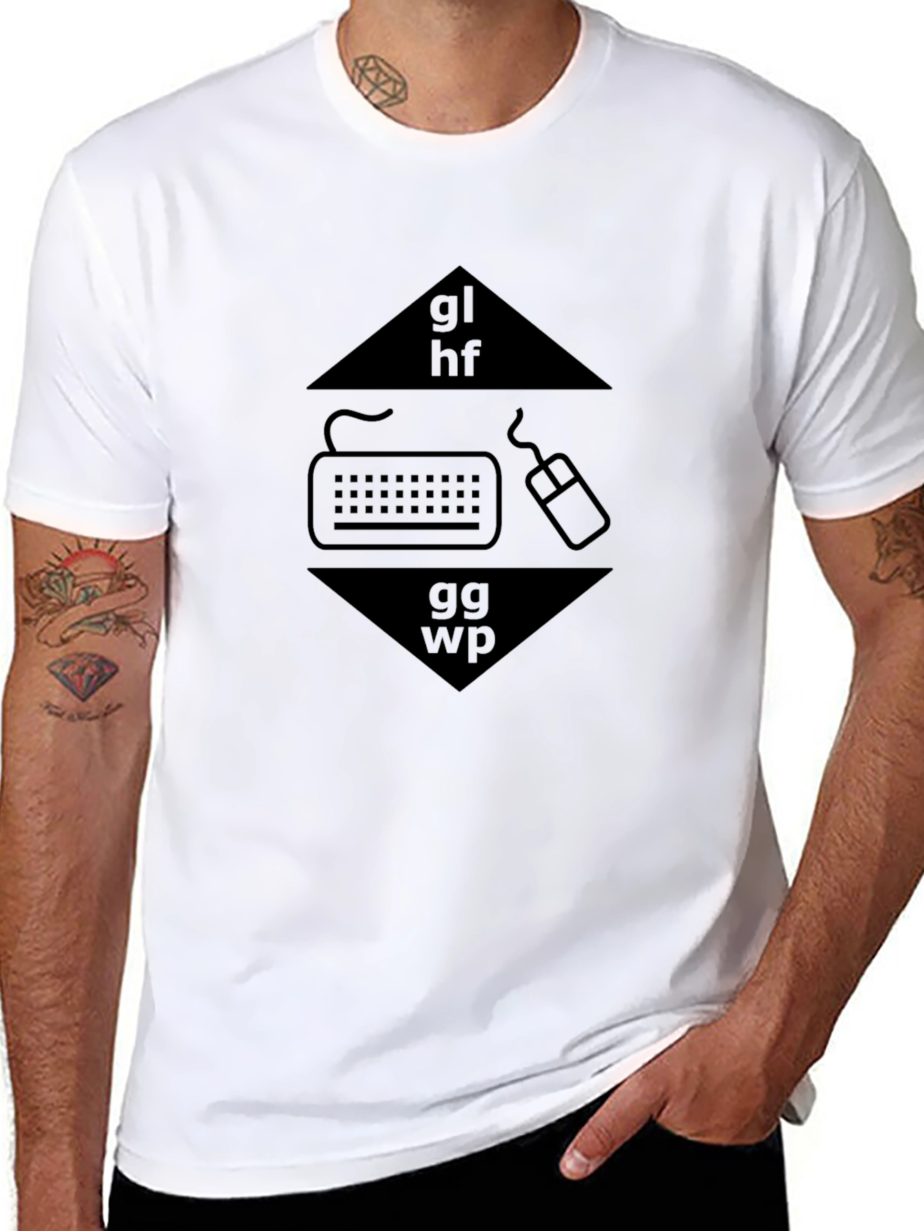 Black Gaming T-Shirt: GL HF GG WP Keyboard Mouse Design view 8