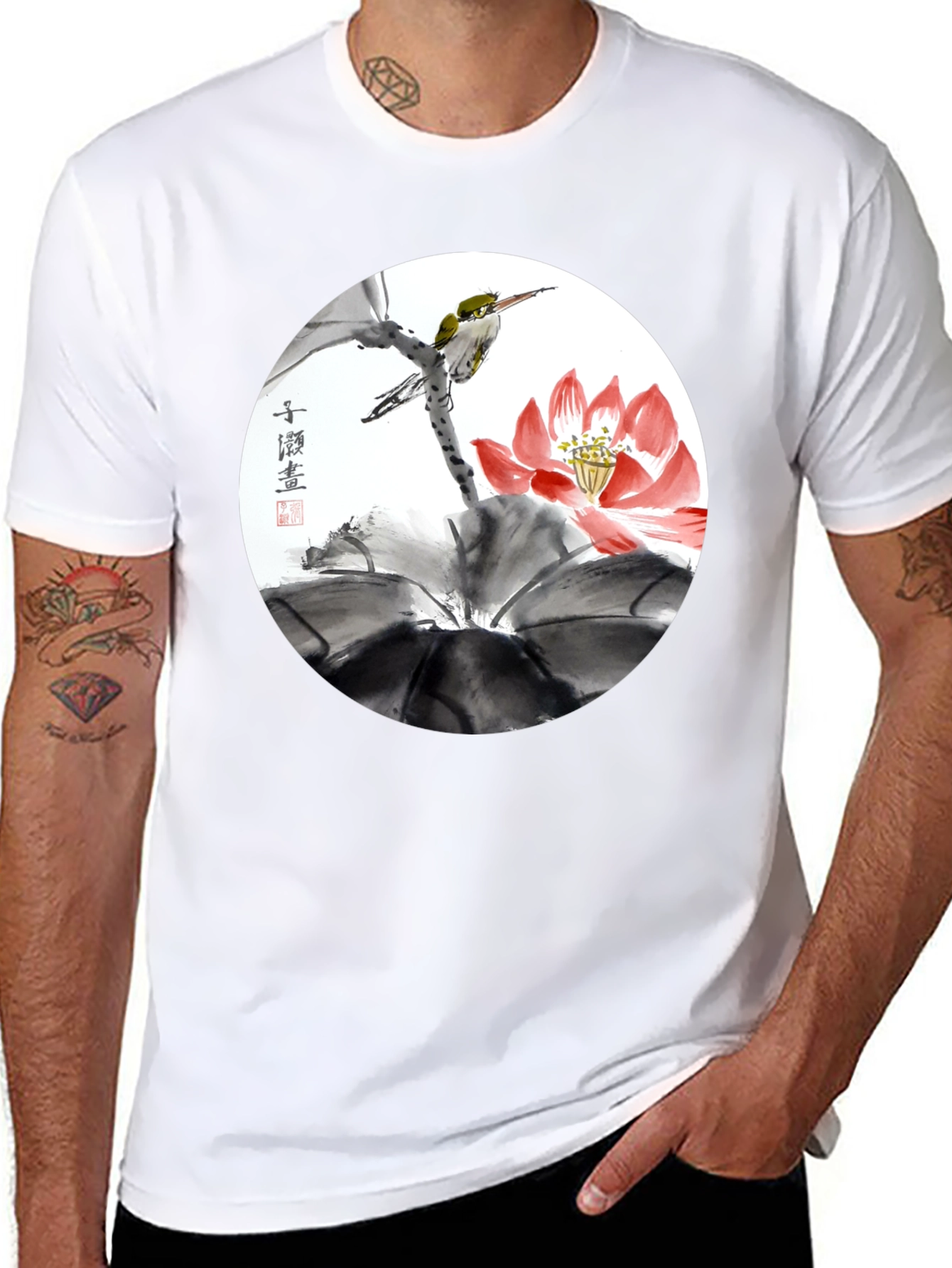 Black Artistic Bird & Lotus T-Shirt view 8