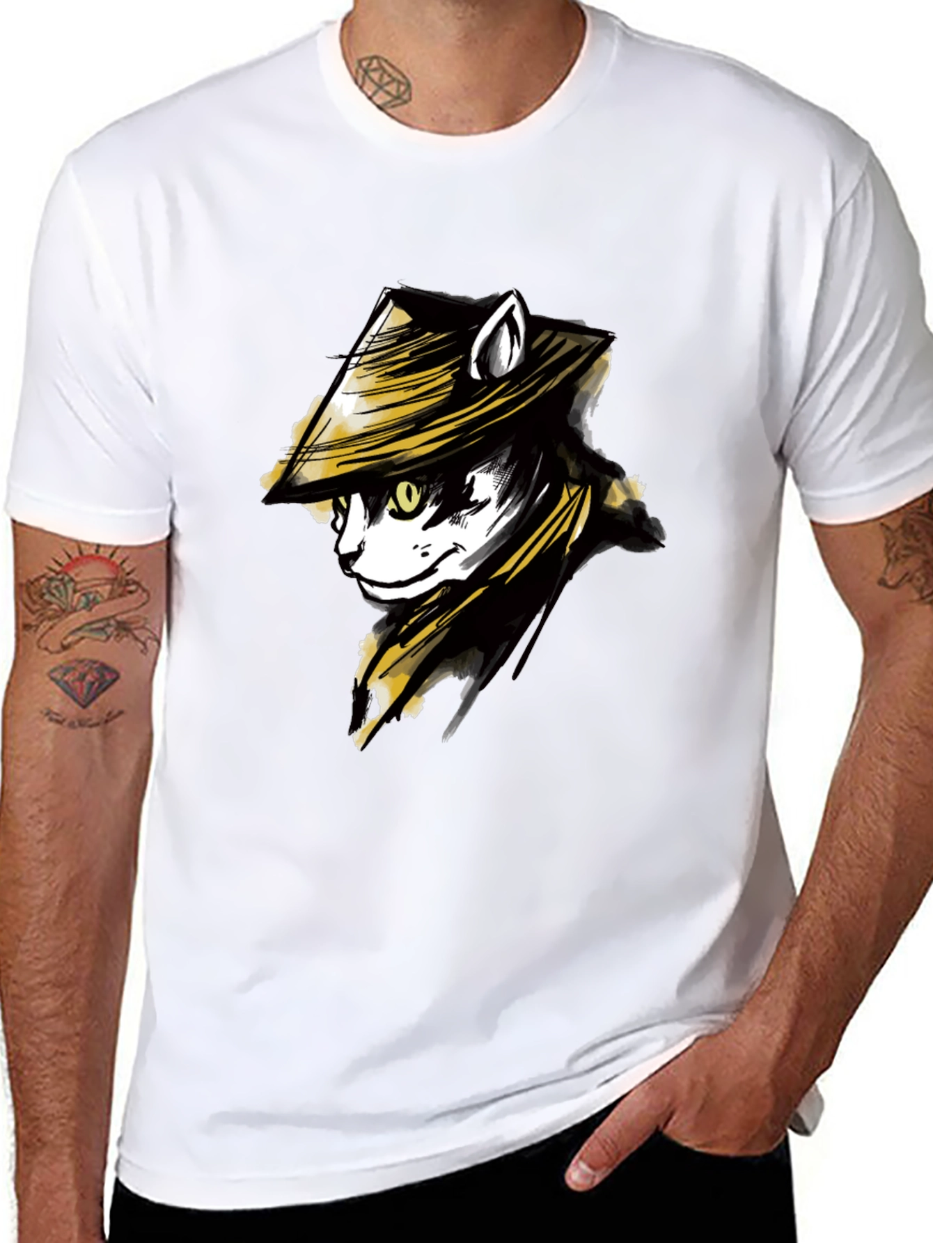 Black Black T-Shirt with Cat Samurai Graphic view 8