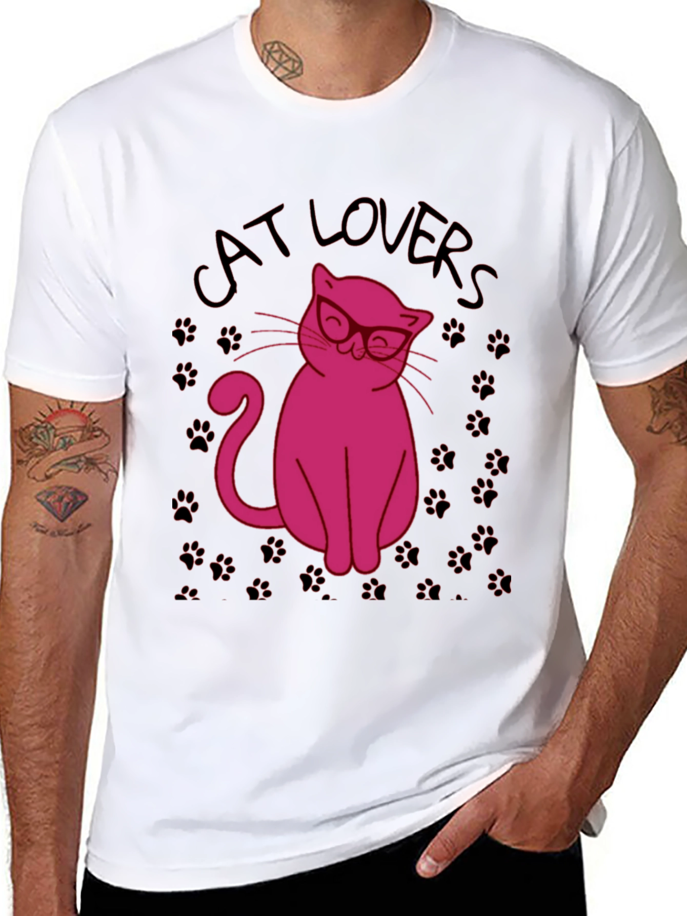 Black Cat Lovers T-Shirt - Pink Cat with Glasses Design view 8