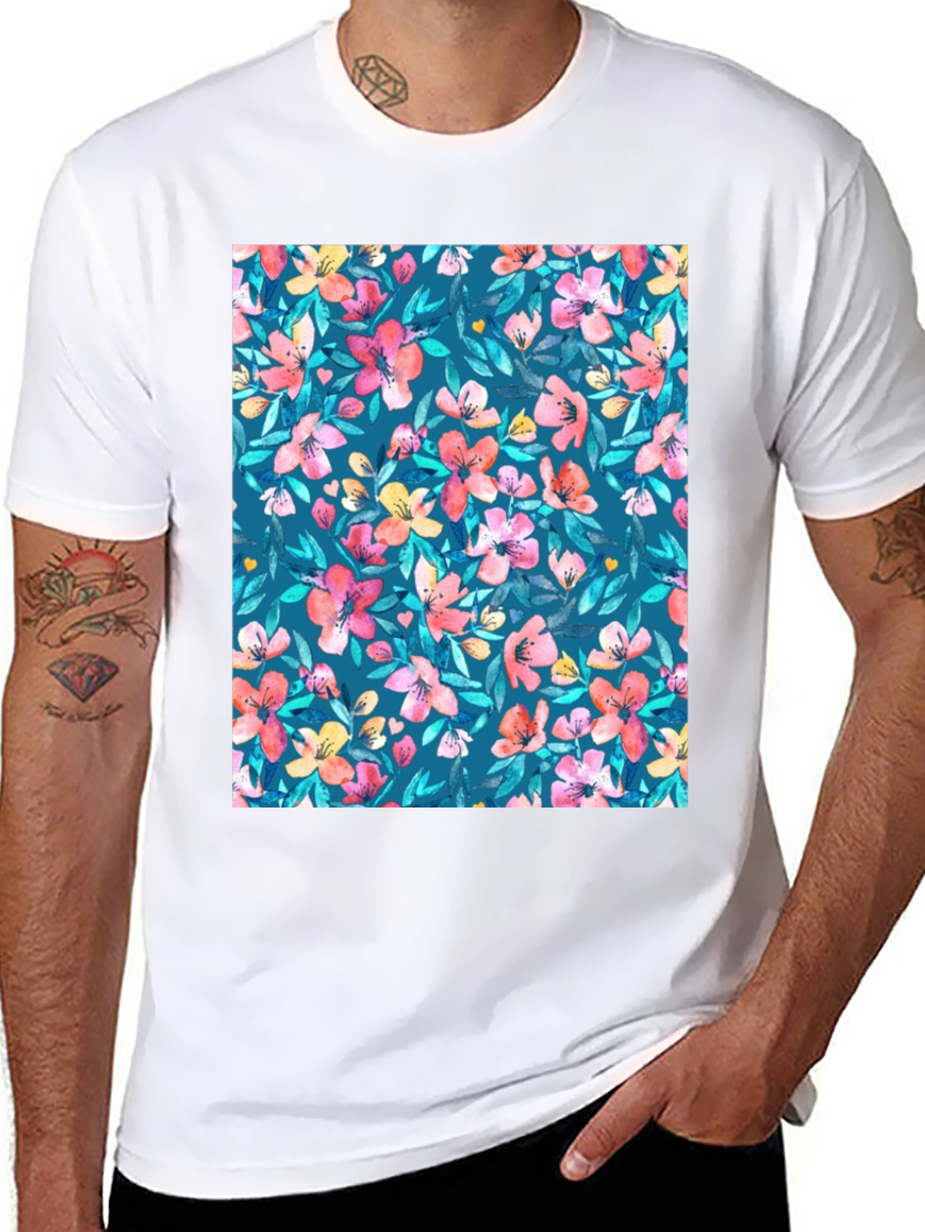 Black Floral Pattern T-Shirt: Vibrant & Stylish Casual Wear view 8