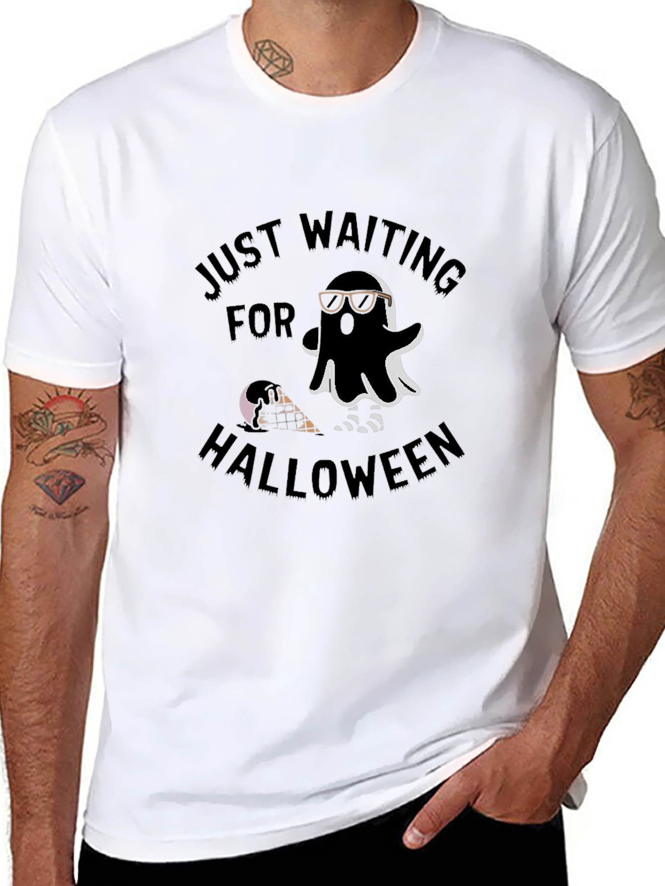 Black Just Waiting For Halloween Ghost T-Shirt view 8