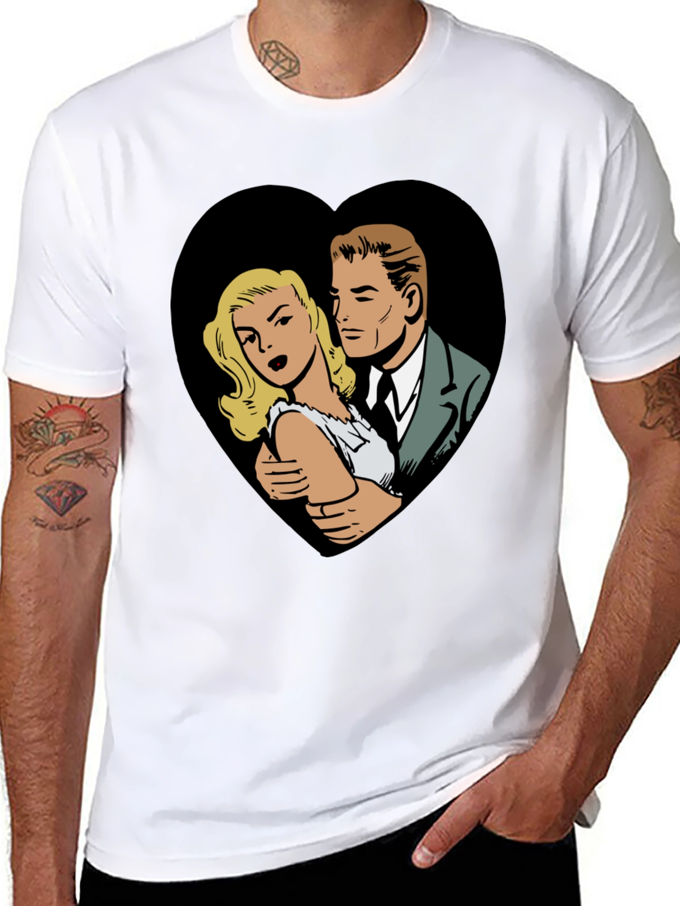 Black Retro Comic Couple Heart Graphic T-Shirt - Black view 8