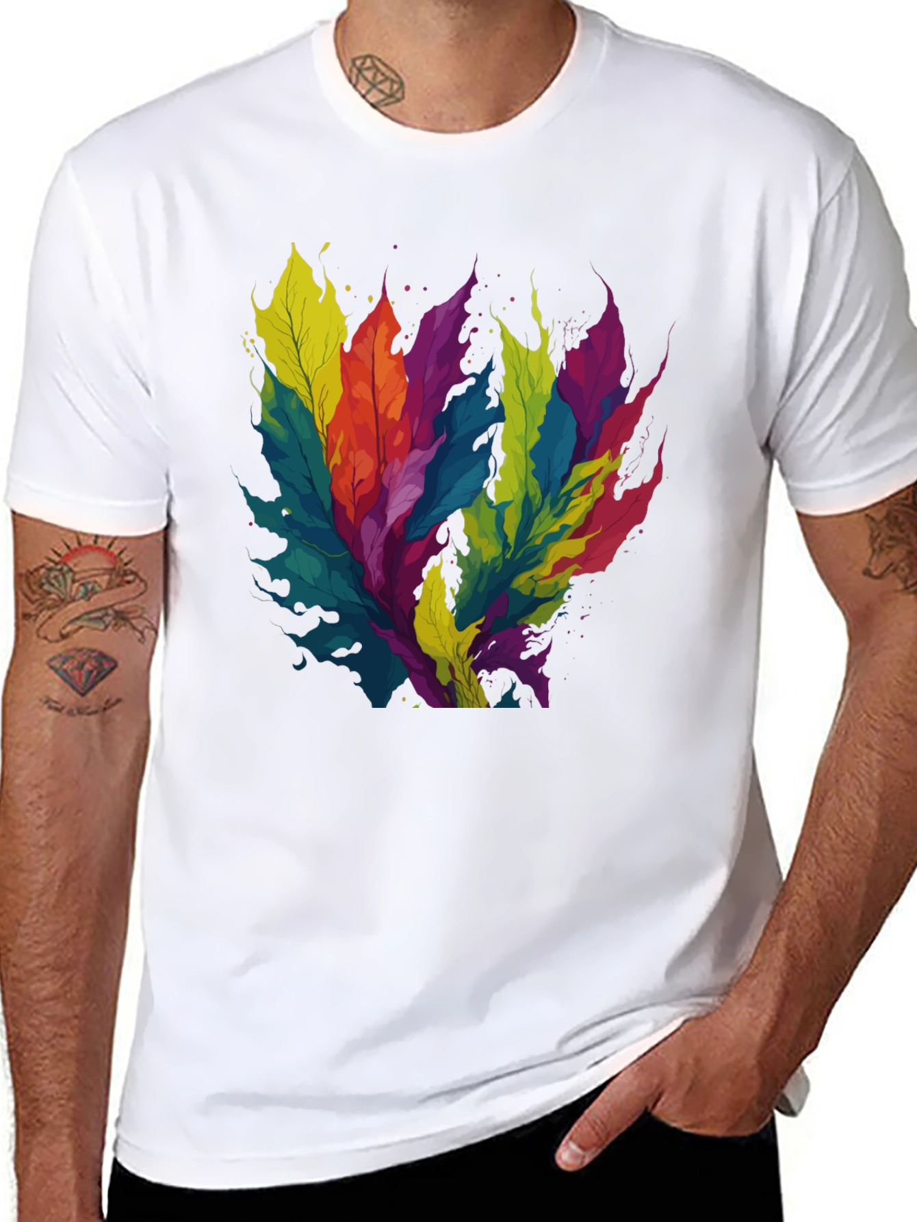 Black Colorful Leaf Design Black T-Shirt view 8