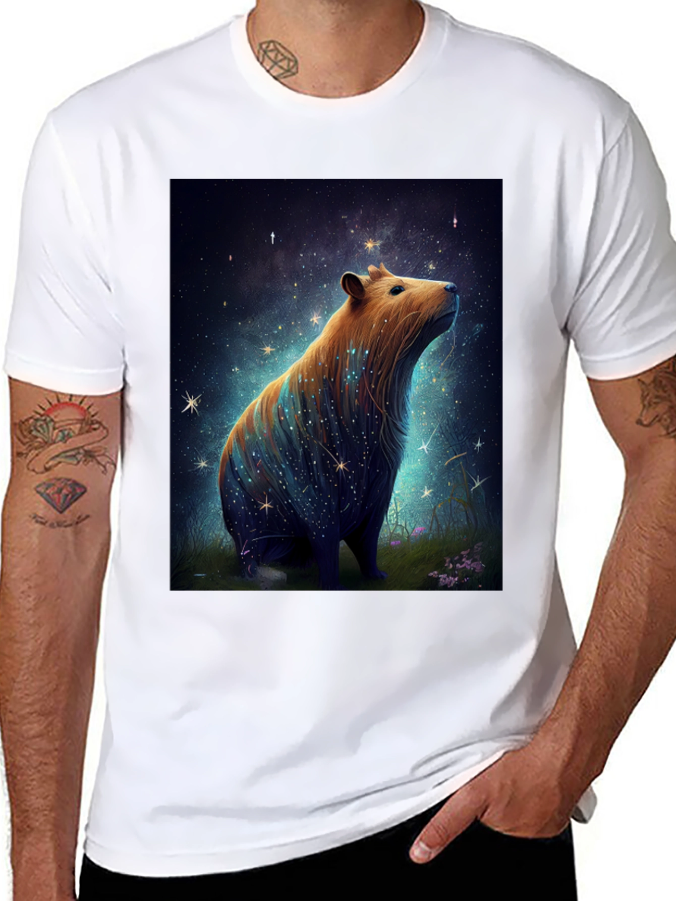 Black Starry Capybara Graphic Tee - Unisex Black T-Shirt view 8