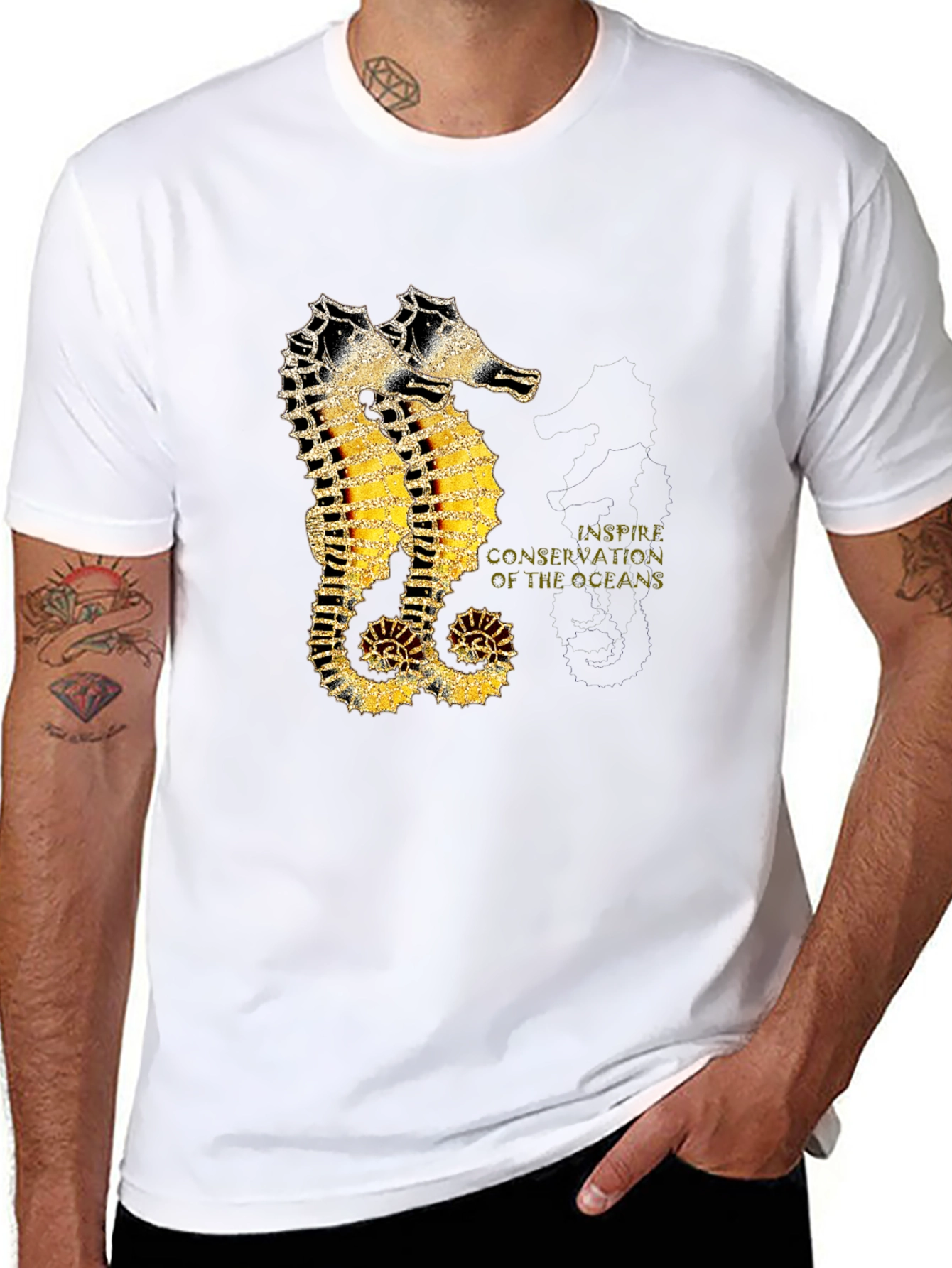 Black Seahorse Inspire Oceans Conservation Black T-Shirt view 8