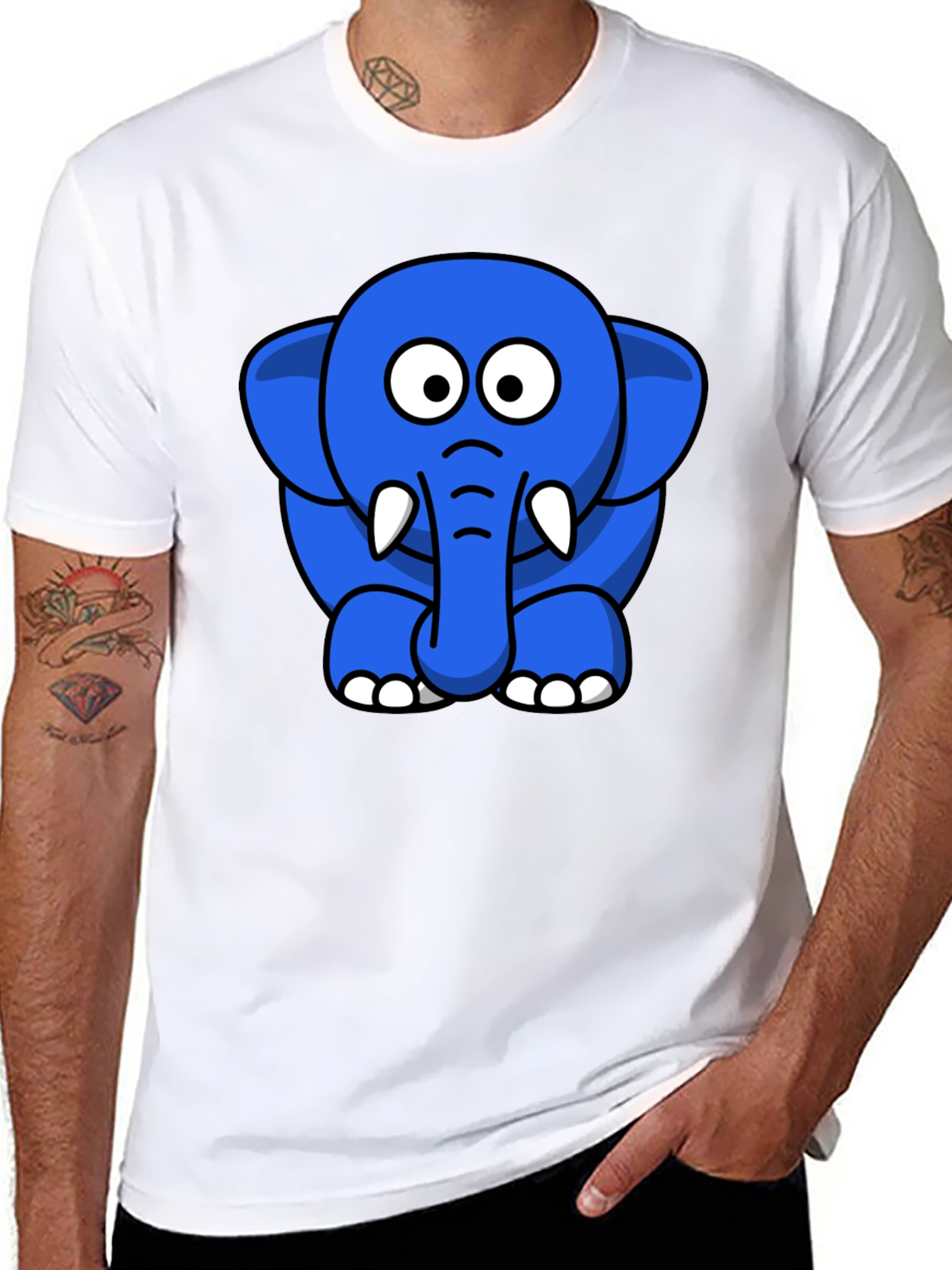 Black Cute Blue Cartoon Elephant Black T-Shirt view 8