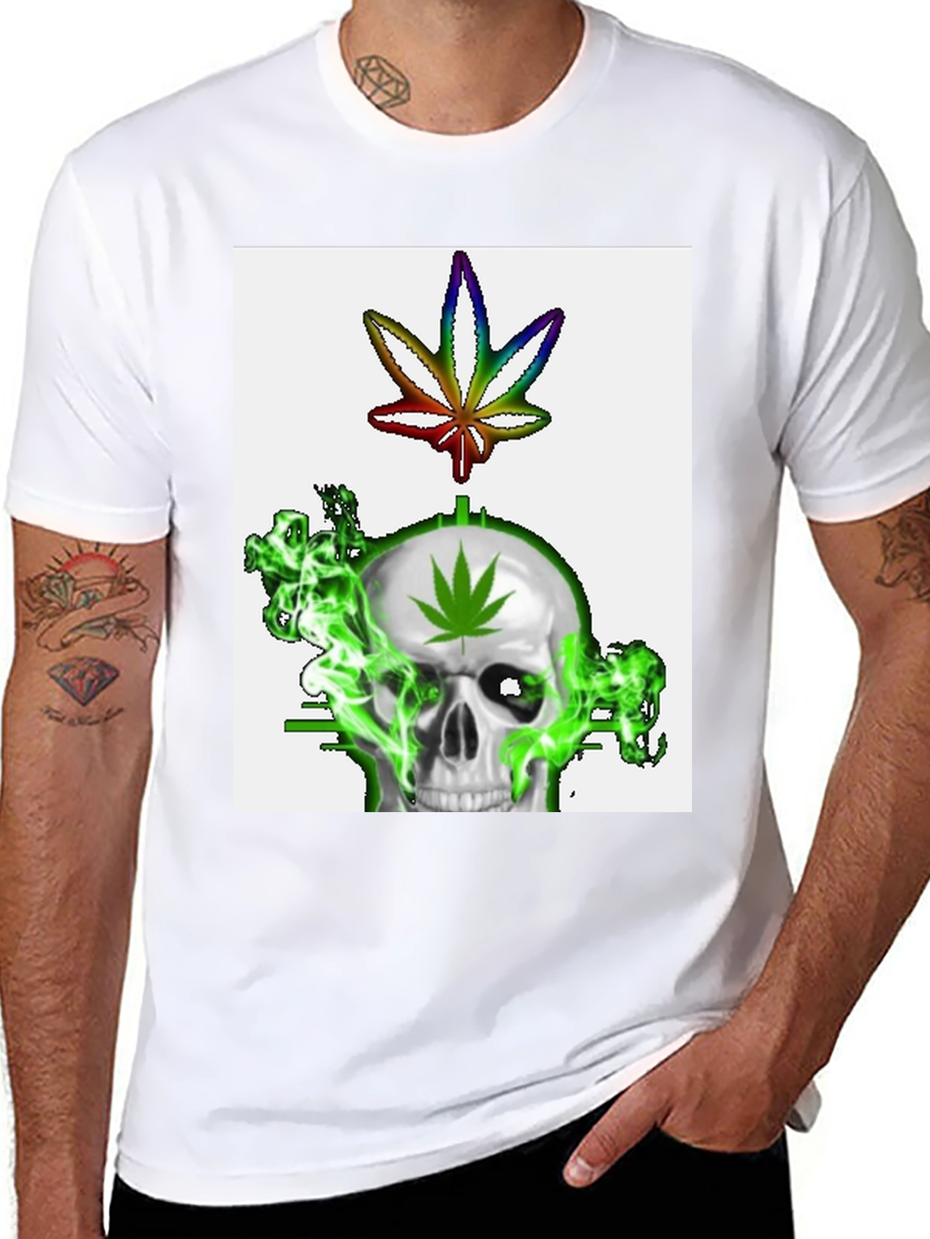 Black Skull & Weed Leaf Graphic T-Shirt view 8
