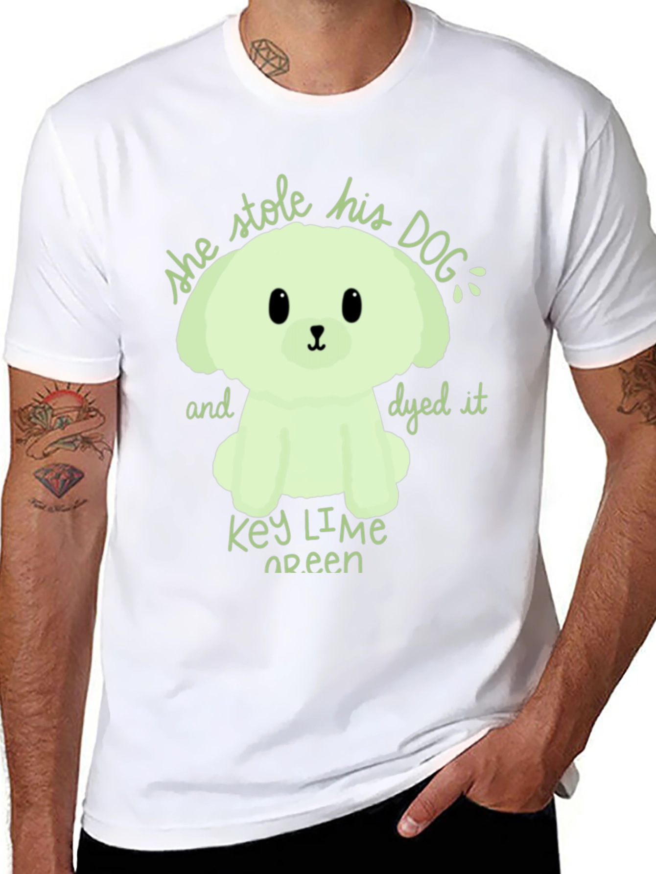 Black Key Lime Green Dog T-Shirt - 'She Stole His Dog' Graphic Tee view 8