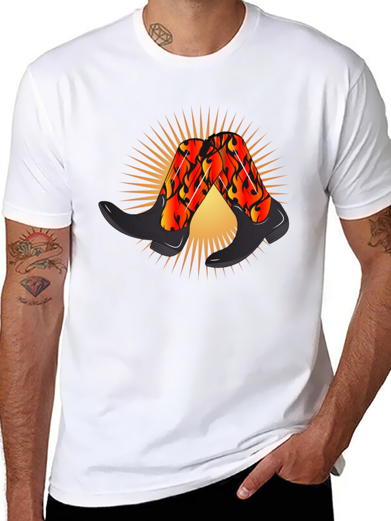 Black Fiery Cowboy Boots Graphic Black T-Shirt view 8