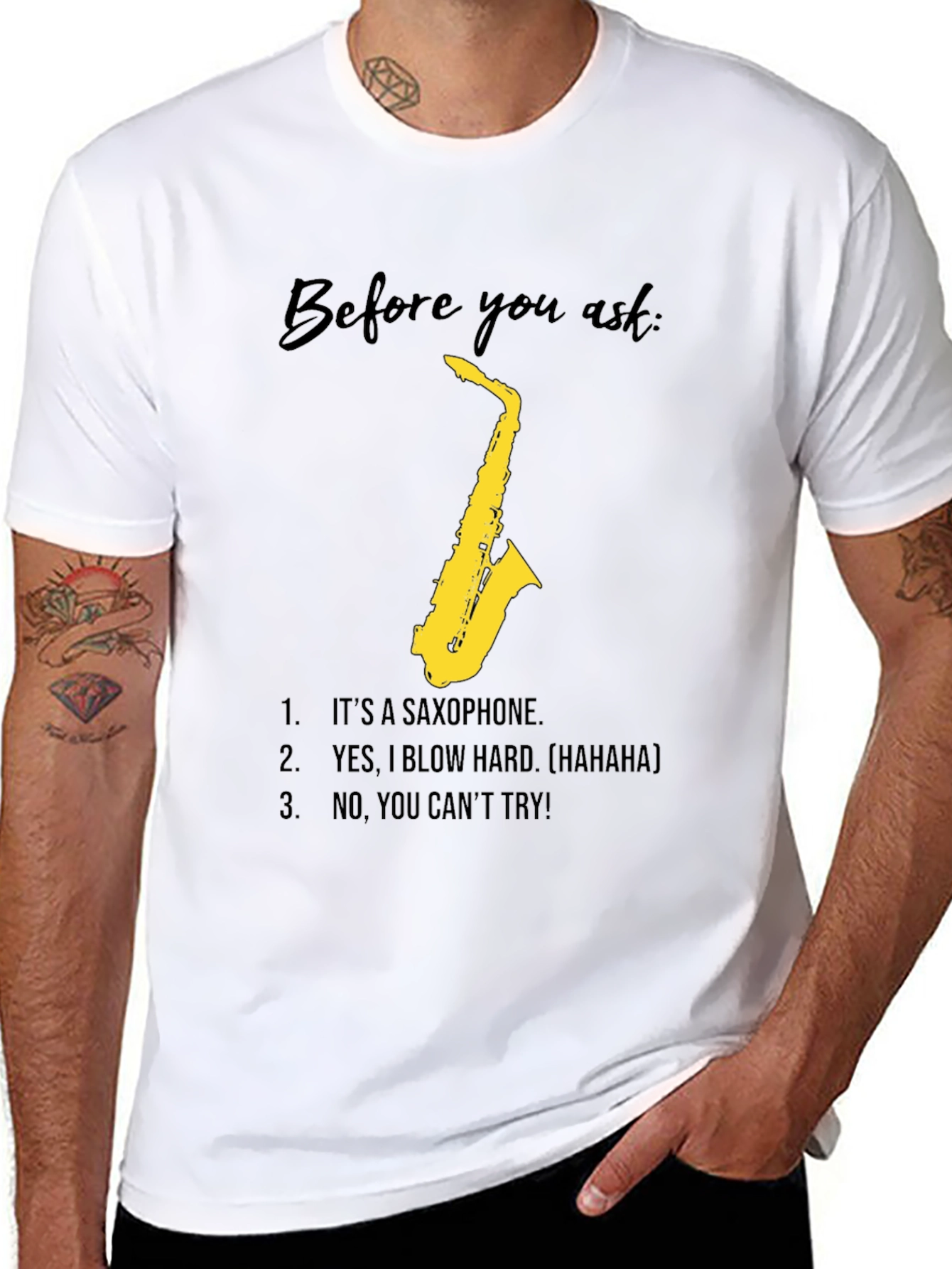 Black Saxophone Player Humor T-Shirt - Blow Hard, Can't Try! view 8
