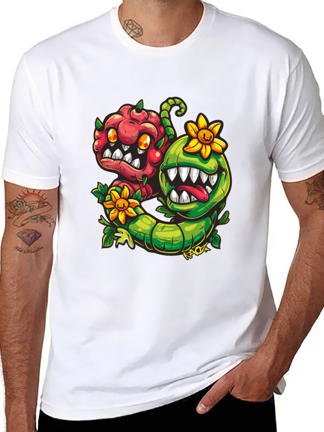 Black Cartoon Monster Plant T-Shirt - Black view 8