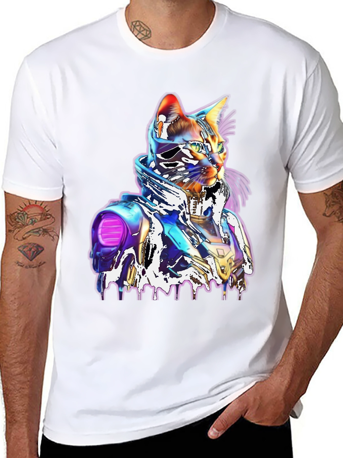 Black Cyberpunk Cat T-Shirt - Unique Futuristic Style view 8