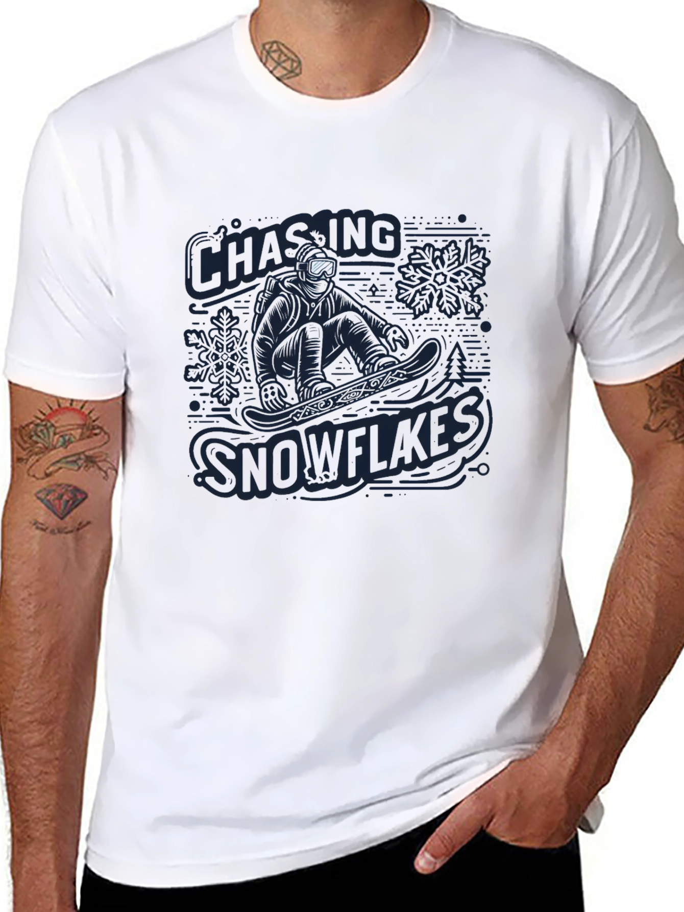 Black Snowflakes Chasing Graphic T-Shirt - Men's Black Crew Neck view 8