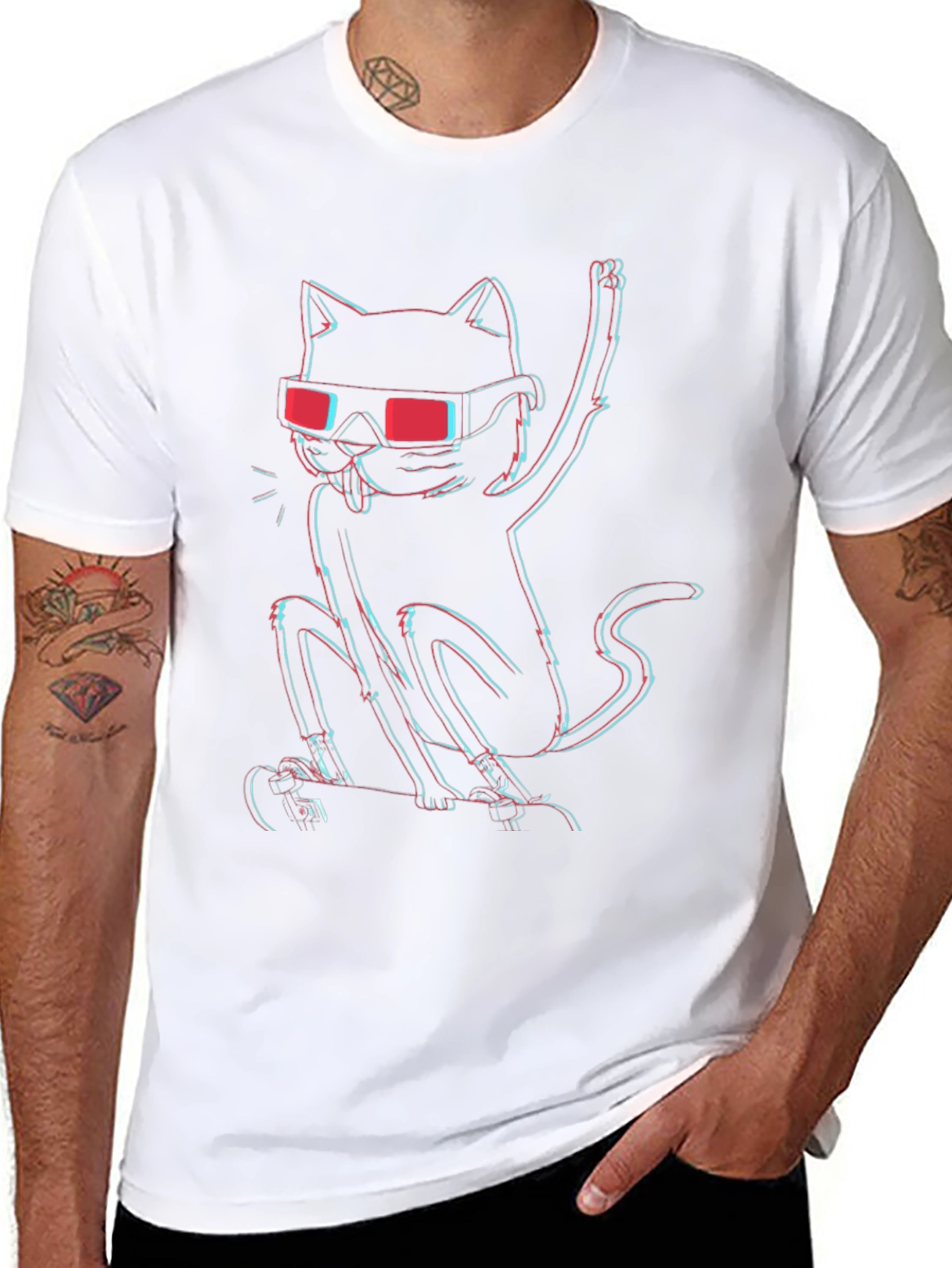 Black Cool Cat 3D Effect Graphic T-Shirt view 8