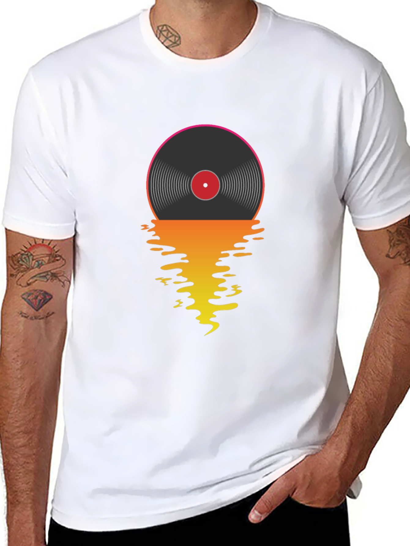Black Retro Vinyl Record Sunset Graphic T-Shirt view 8