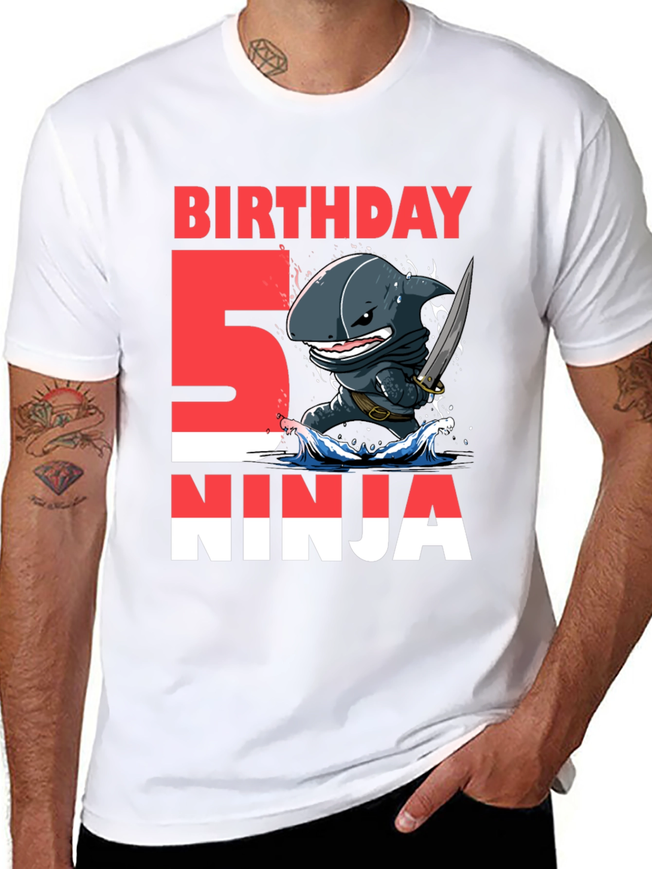 Black 5th Birthday Ninja Shark T-Shirt view 8