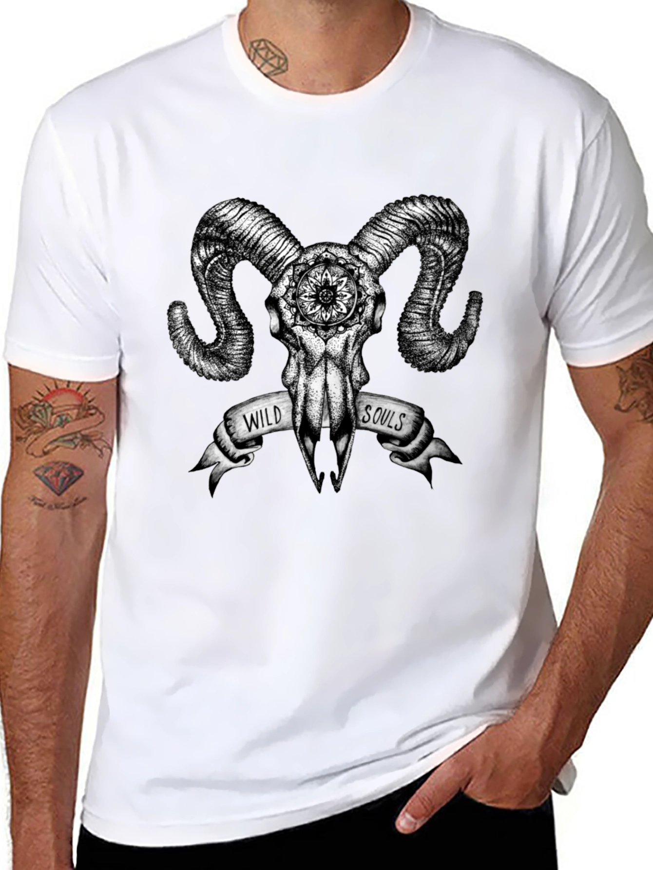 Black Wild Souls Ram Skull Graphic Tee view 8
