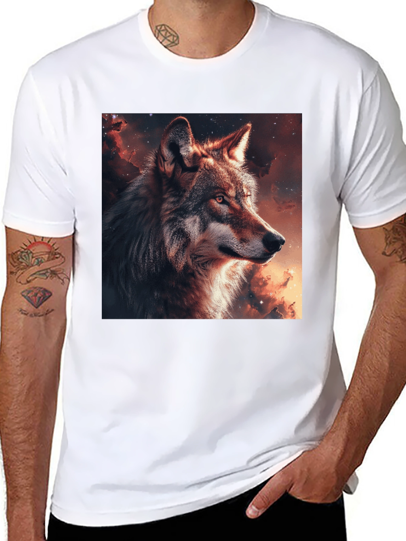 Black Wolf Galaxy Graphic T-Shirt - Men's Black Tee view 8