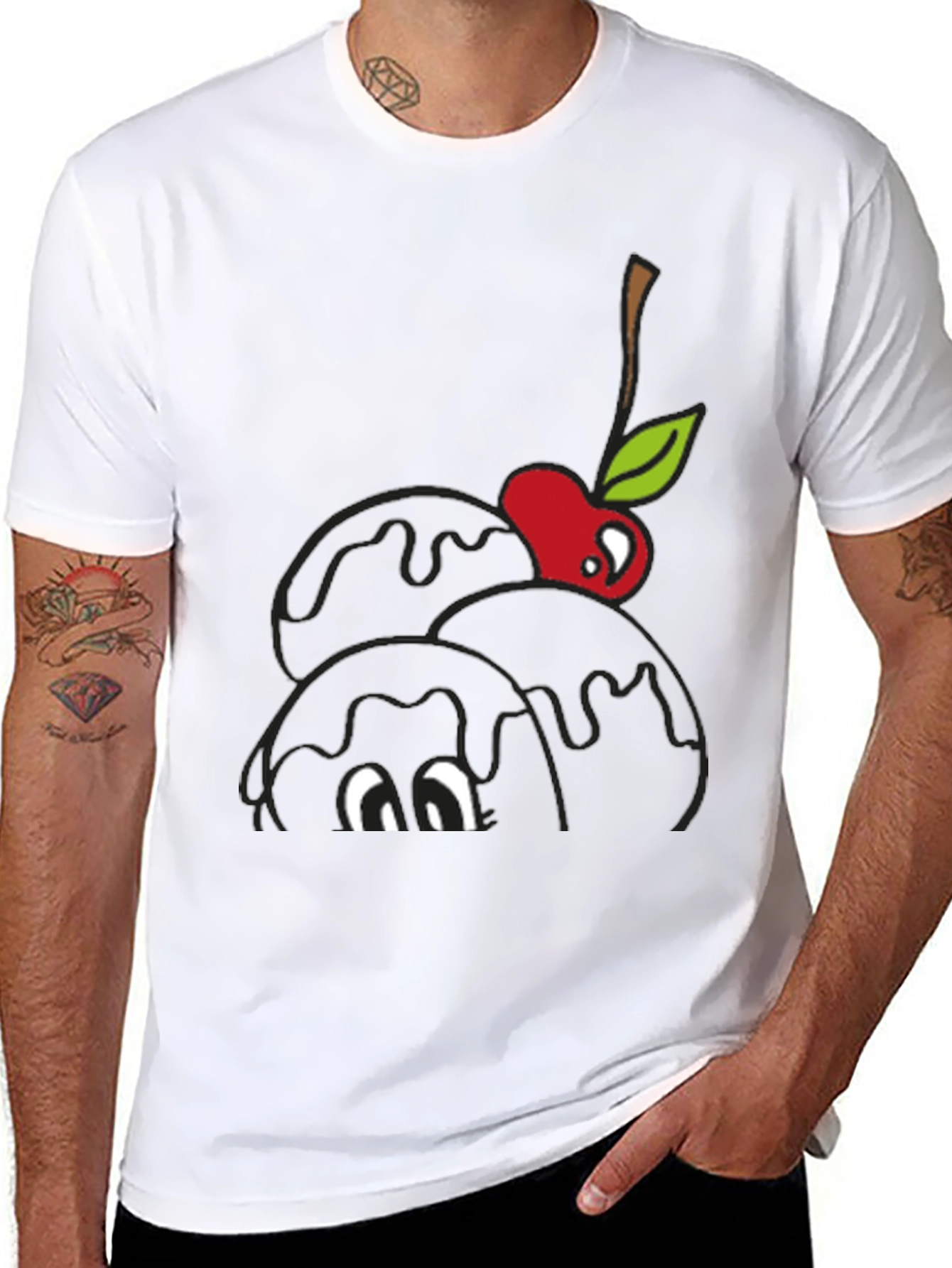 Black Black T-Shirt with Cartoon Cherry Ice Cream Design view 8