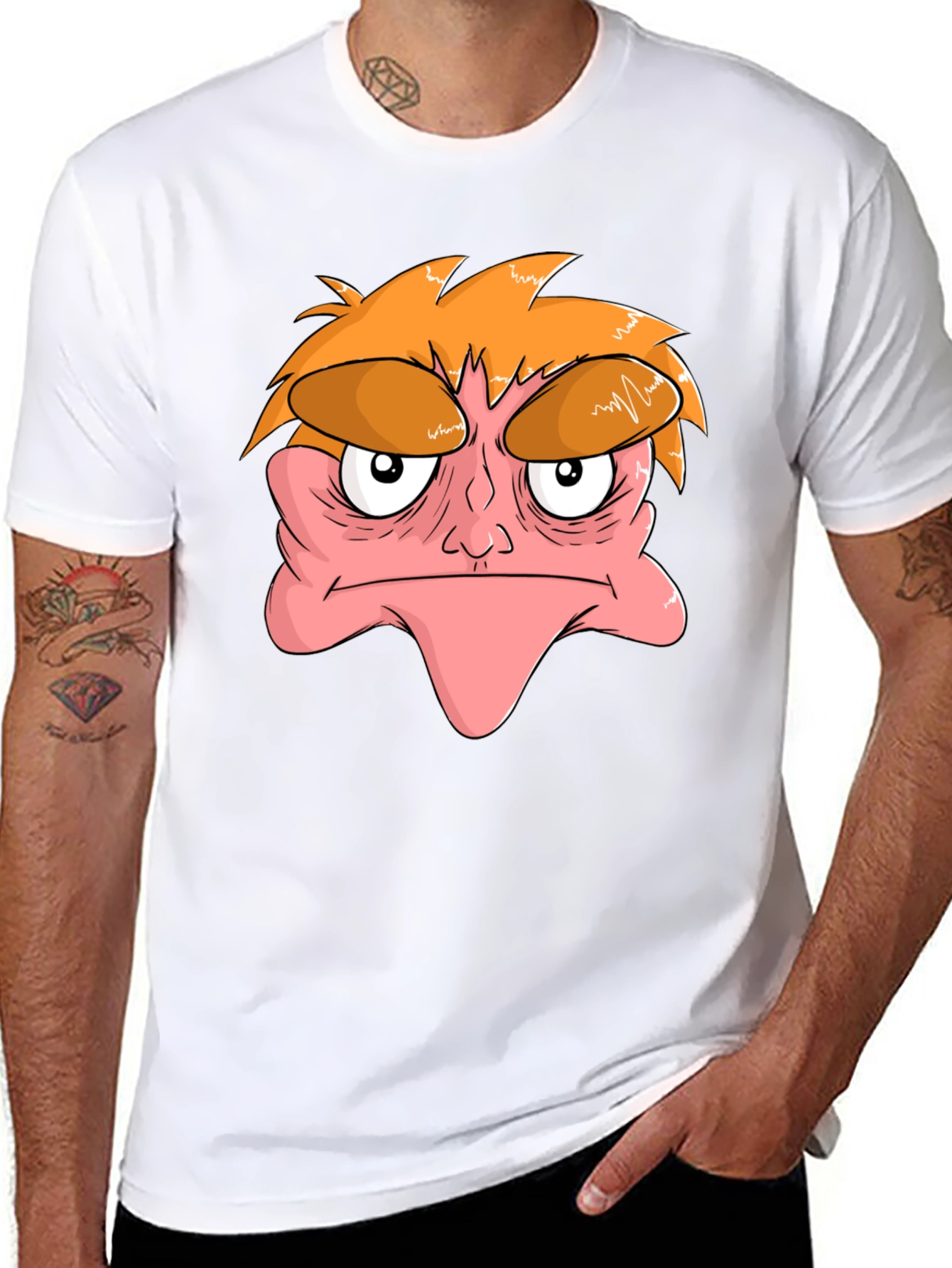 Black Grumpy Cartoon Face Black T-Shirt view 8