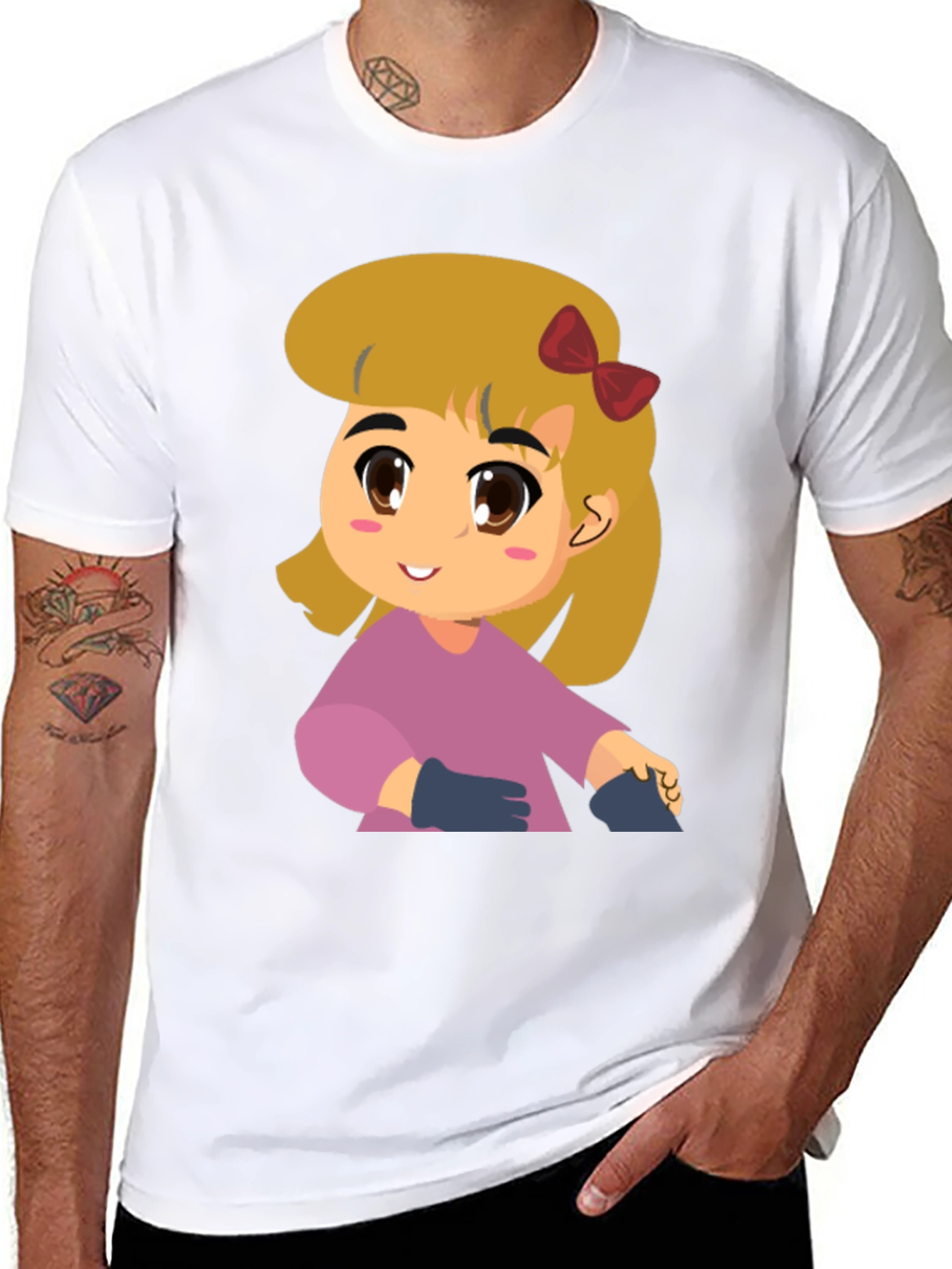 Black Cute Girl Cartoon Black T-Shirt view 8