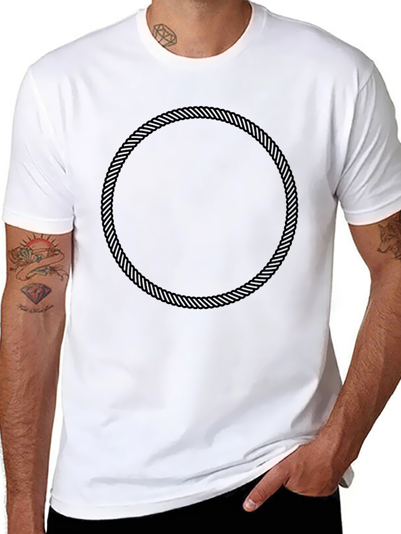 Black Men's Black T-Shirt with Rope Circle Design view 8