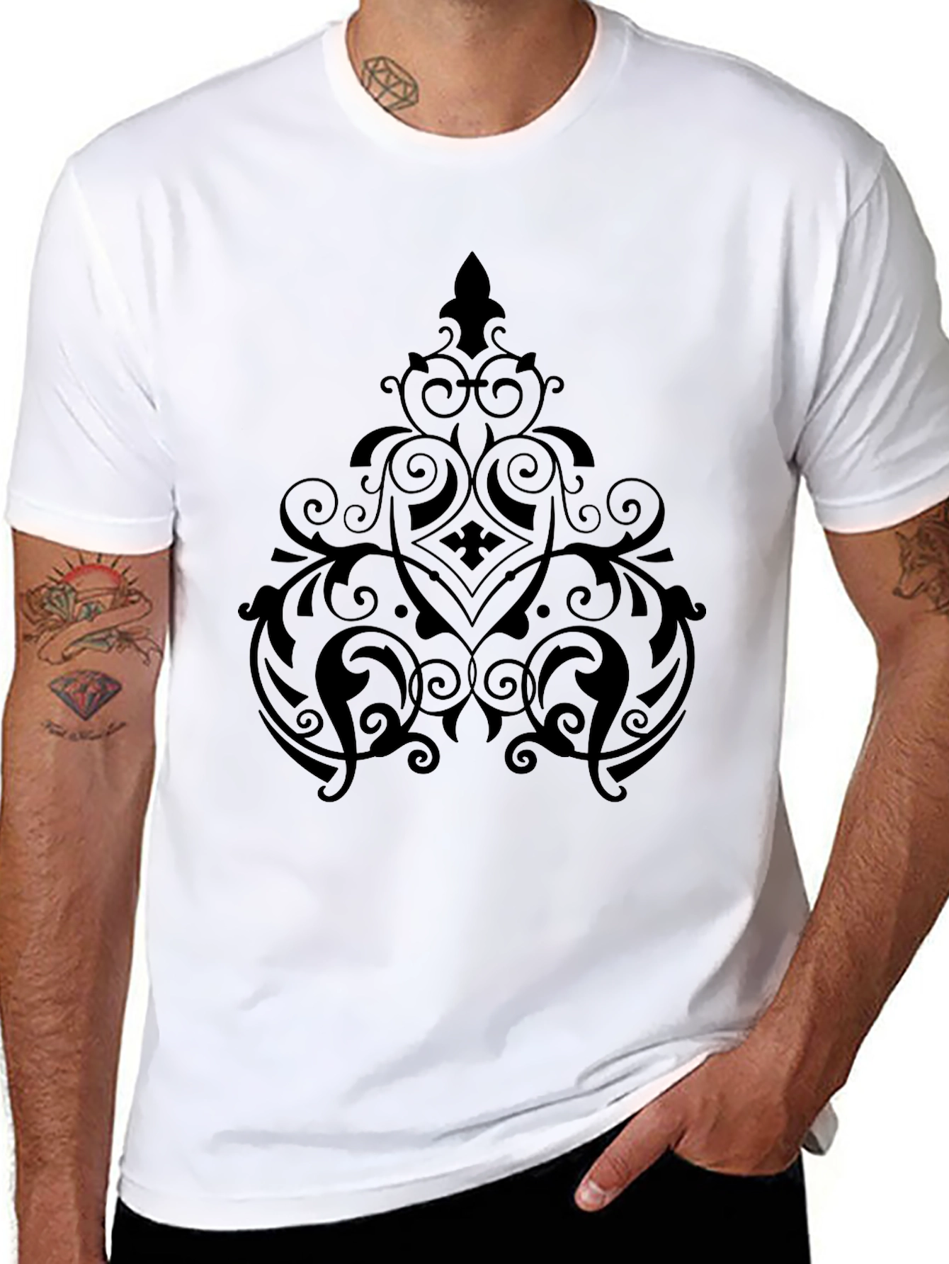 Black Elegant Black Graphic Tee - Ornate Design view 8