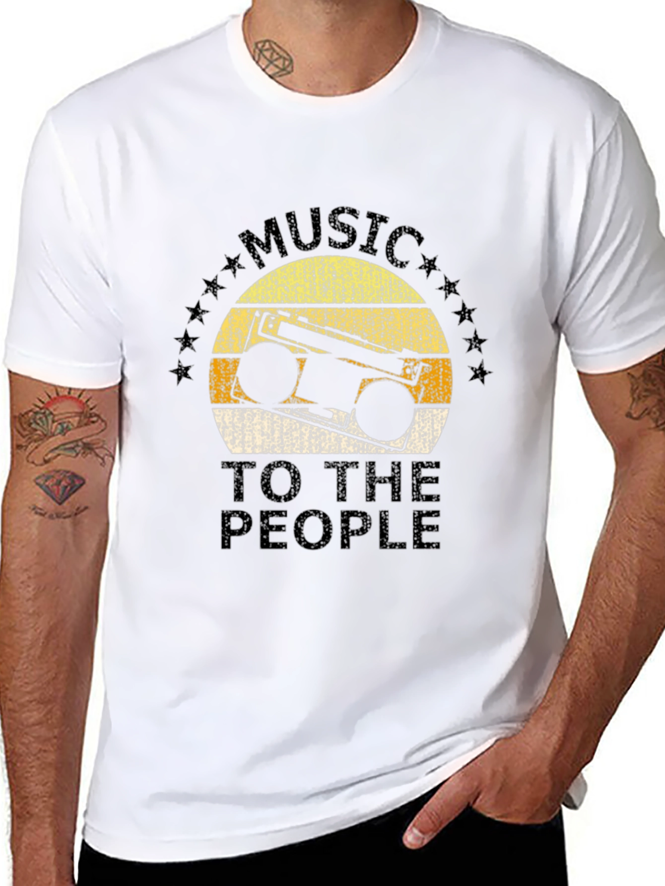 Black Retro Boombox Music to the People Black T-Shirt view 8