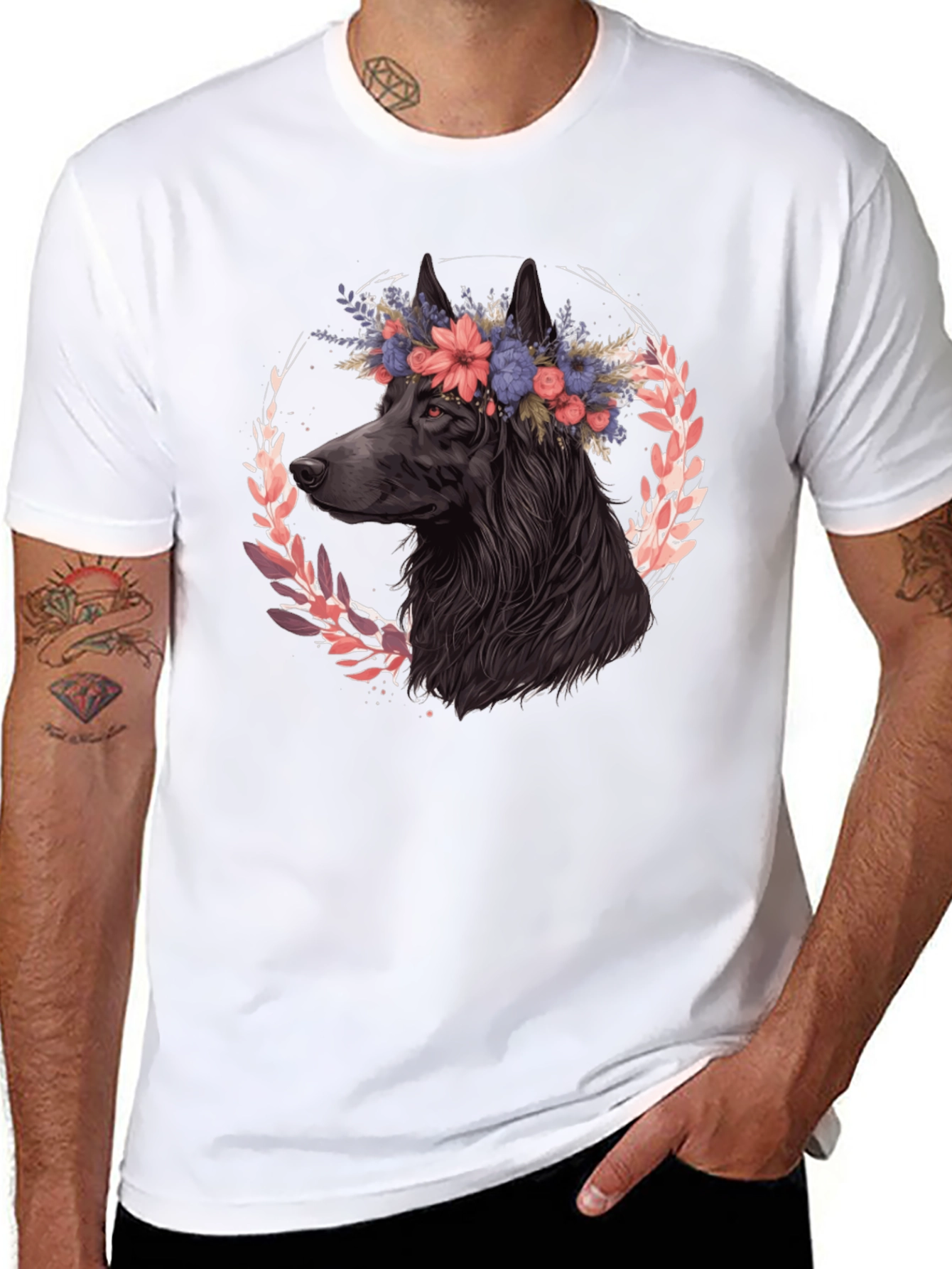 Black Floral Dog Graphic Tee - Black Cotton T-Shirt view 8
