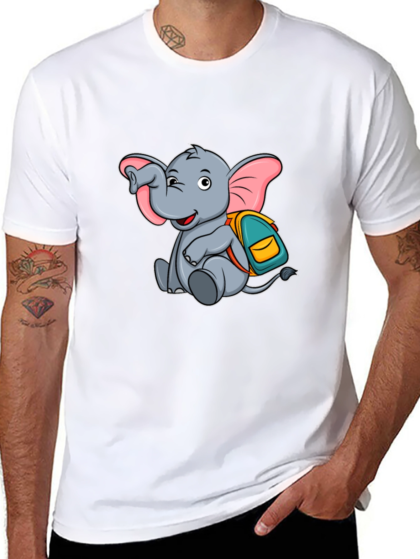 Black Cute Elephant with Backpack Black T-Shirt view 8