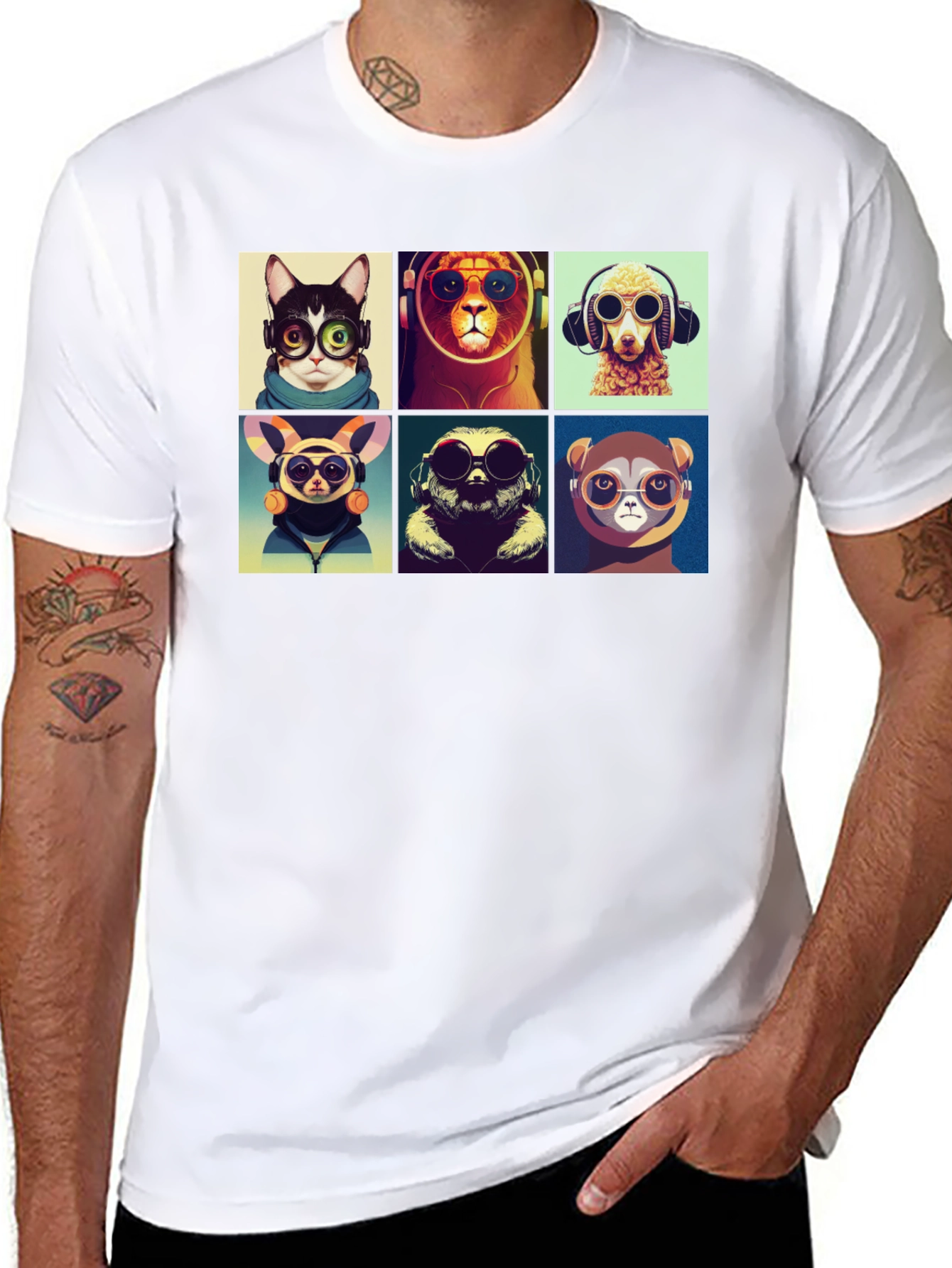 Black Hipster Animals T-Shirt: Cool Graphic Tee view 8