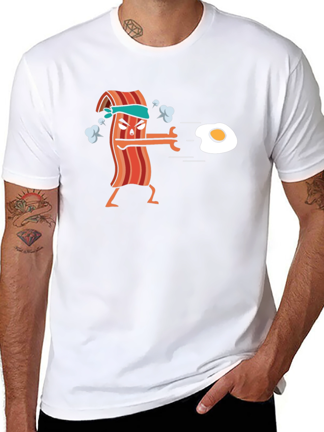 Black Bacon vs Egg Funny T-Shirt view 8
