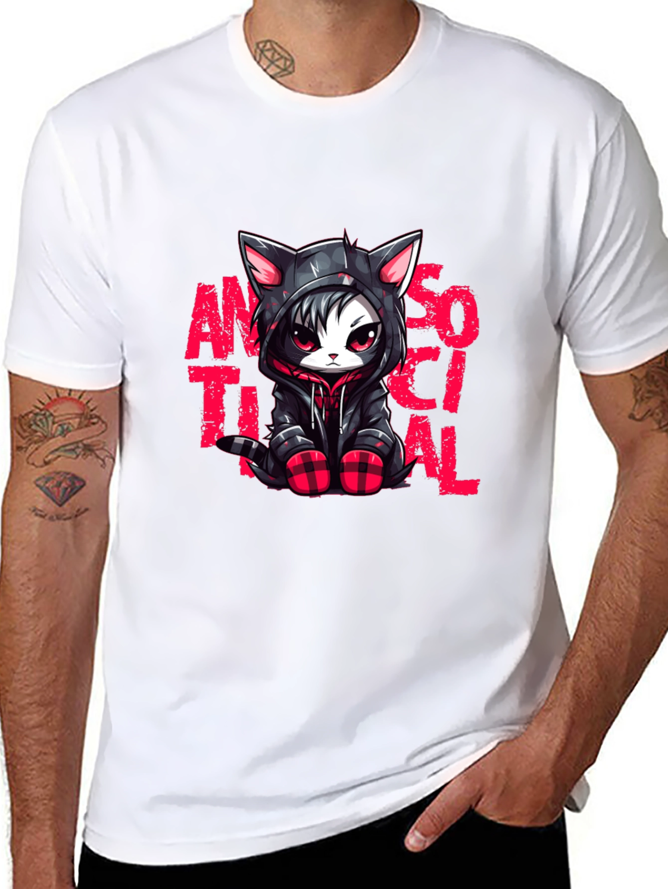 Black Antisocial Cat Graphic Black T-Shirt view 8