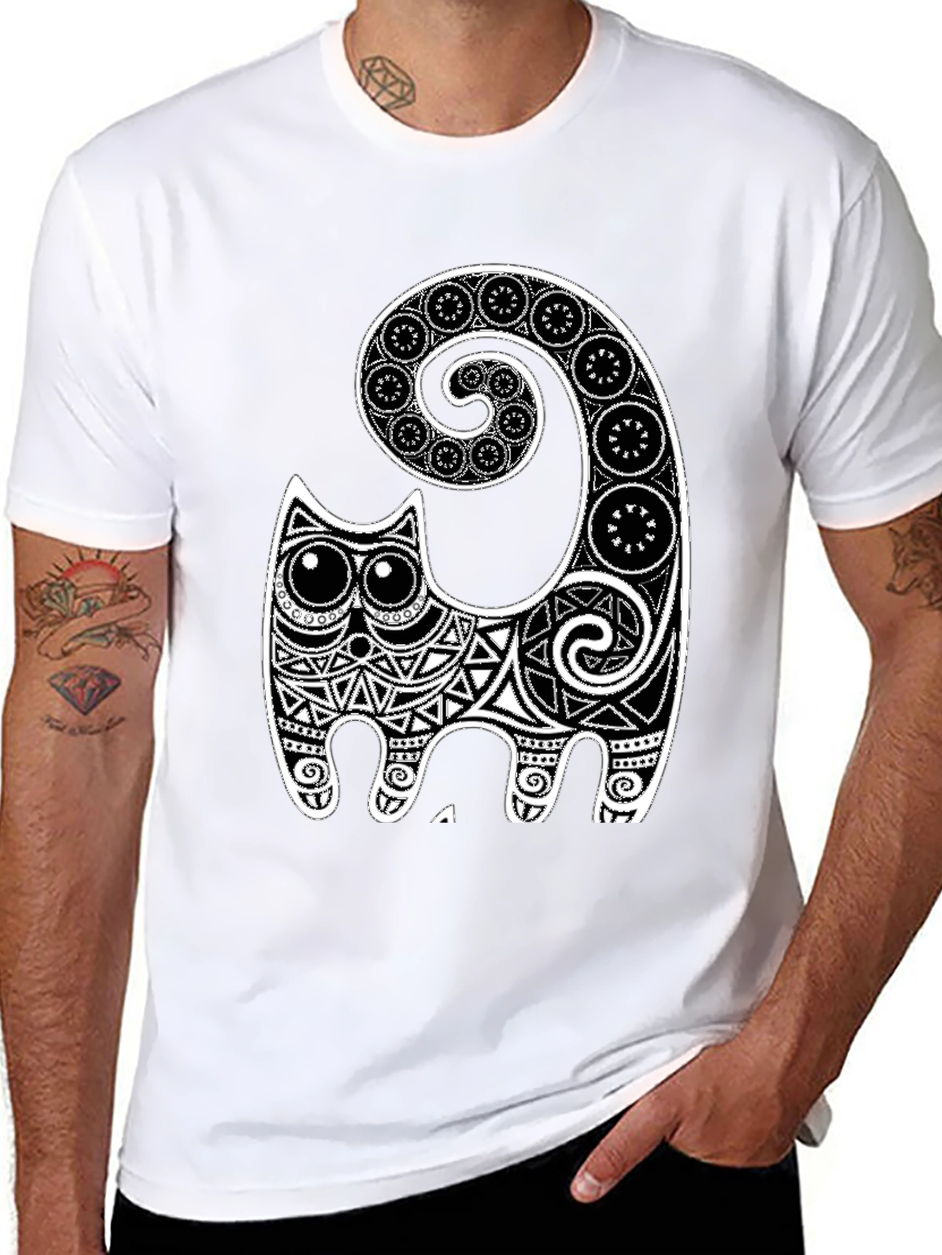 Black Tribal Cat Graphic Tee - Black view 8
