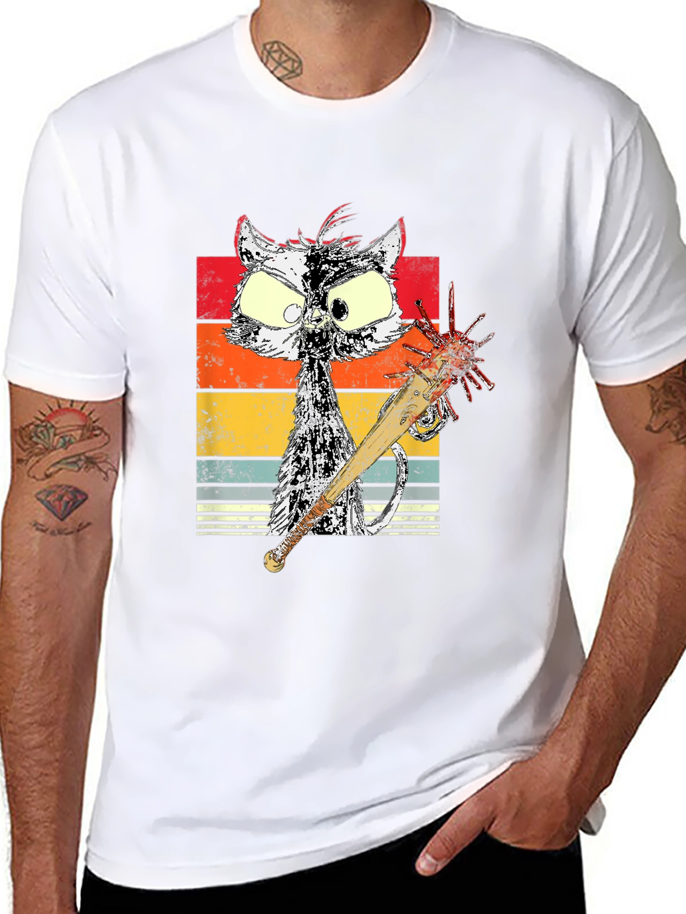 Black Retro Cat with Spiked Bat Graphic Tee view 8