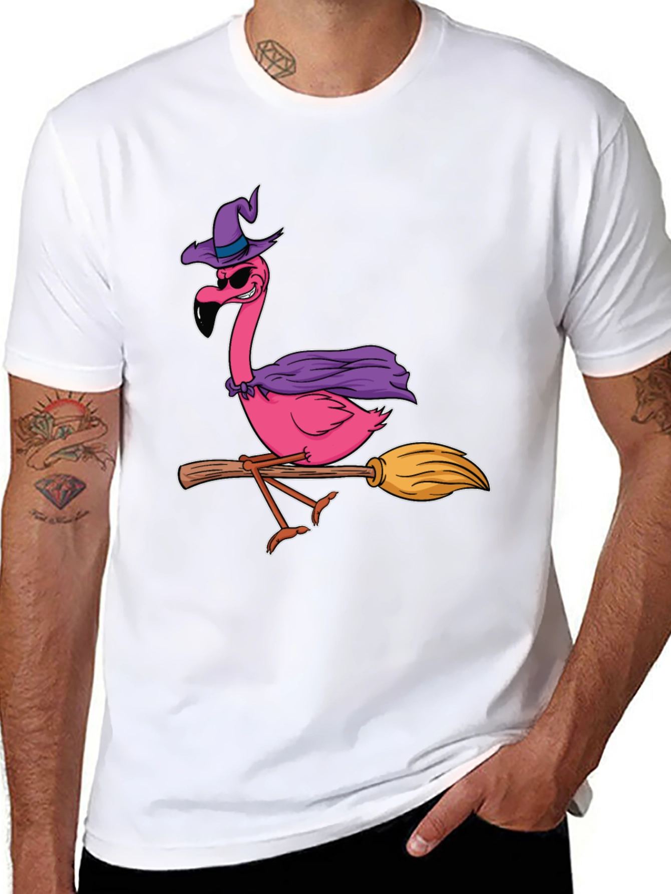 Black Witch Flamingo T-Shirt Halloween Costume Tee view 8