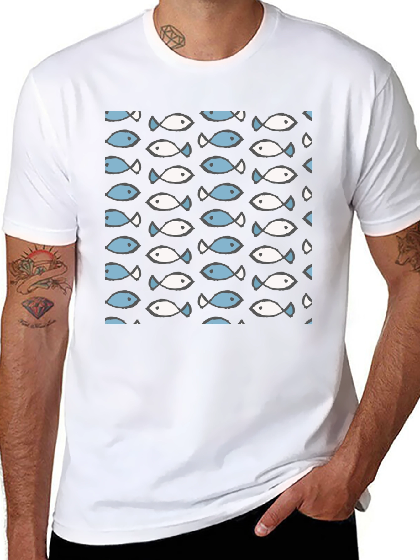 Black Fish Pattern T-Shirt - Crew Neck view 8