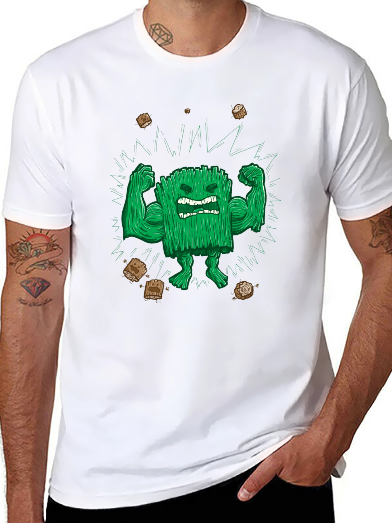 Black Funny Graphic T-Shirt: Grass Character Flexing view 8