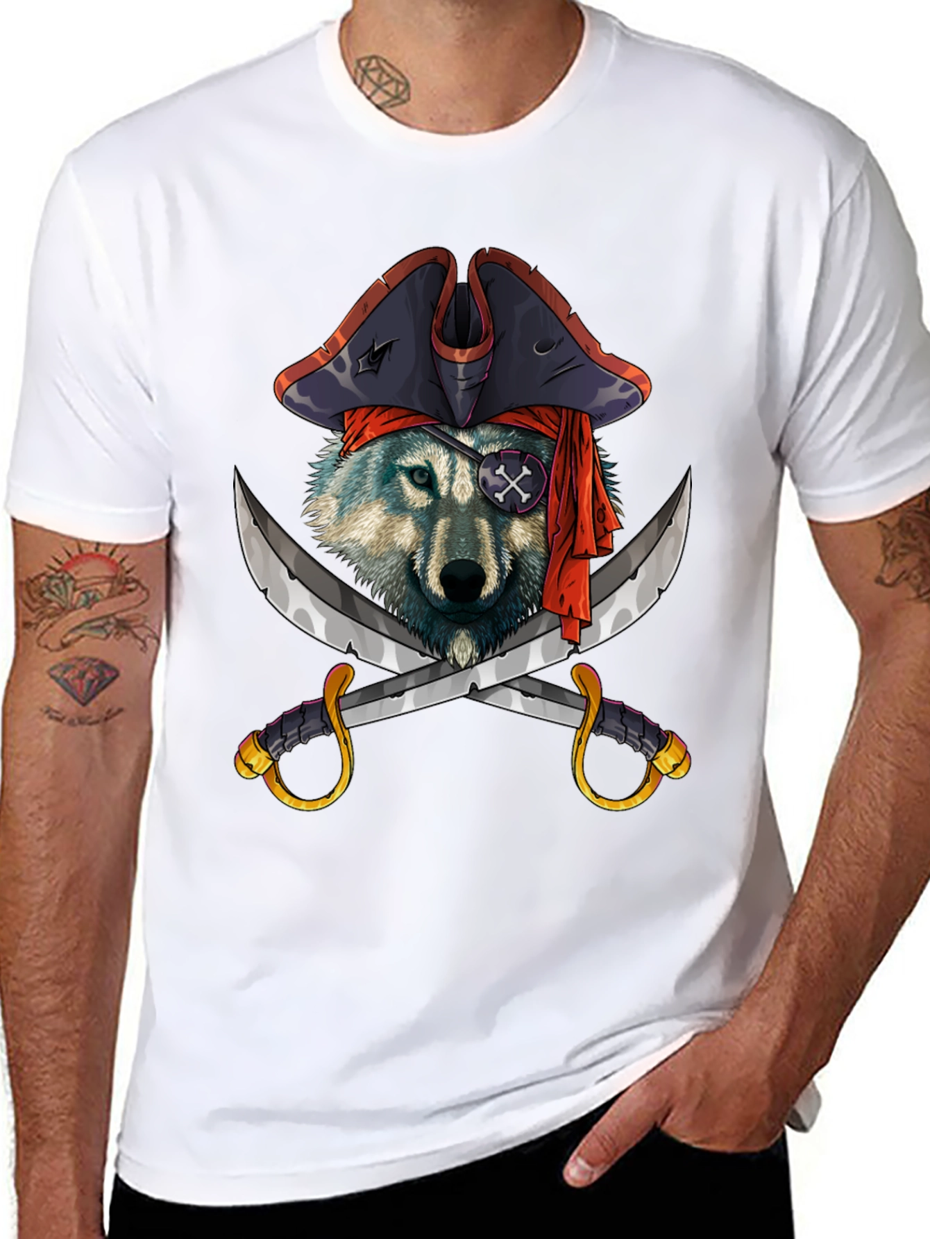 Black Pirate Wolf Graphic T-Shirt - Black Cotton Tee view 8