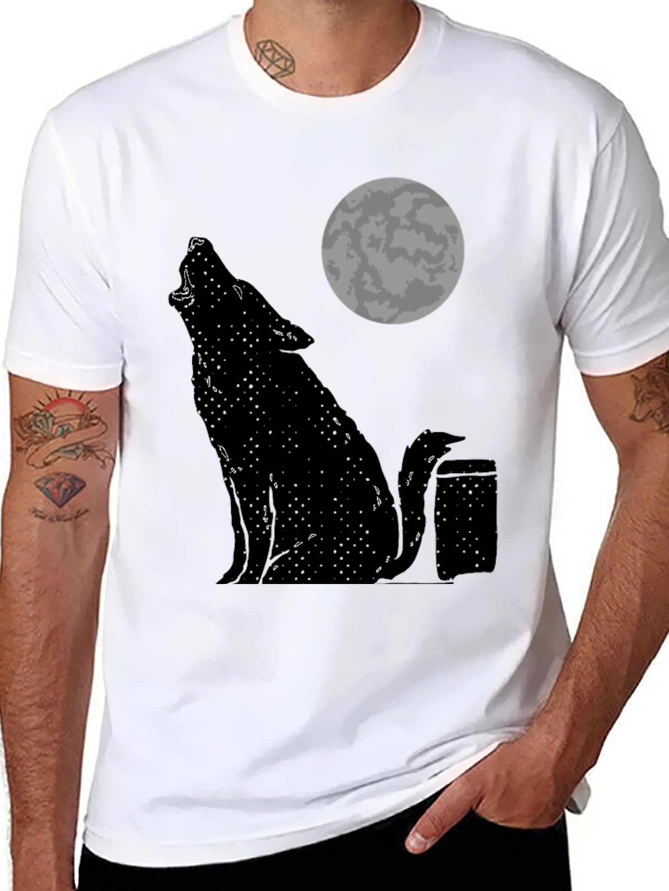 Black Wolf Howling at Moon Graphic Tee - Black Cotton T-Shirt view 8