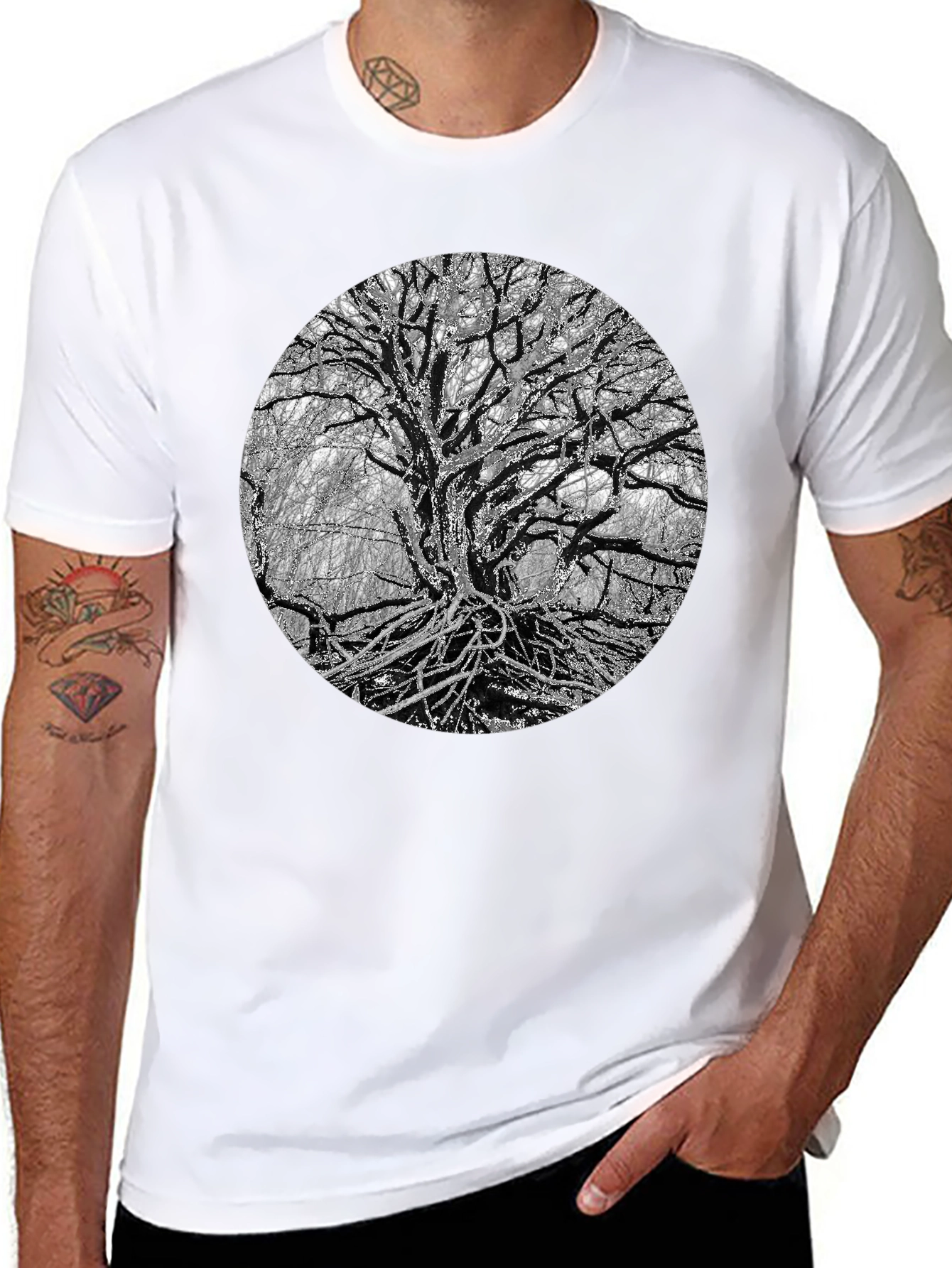 Black Monochrome Tree Graphic Tee - Nature Inspired Print view 8
