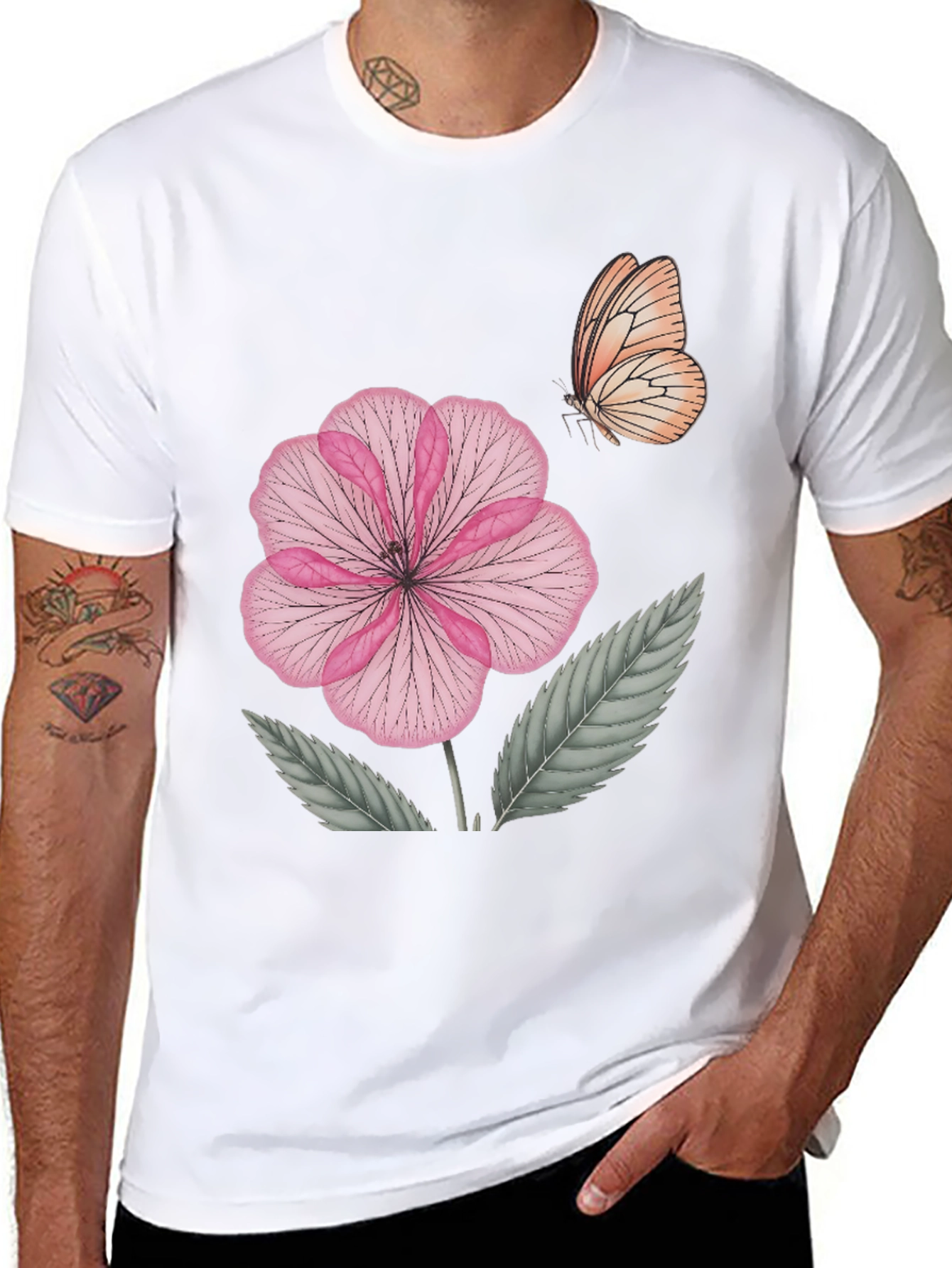 Black Floral Butterfly Print Black T-Shirt view 8