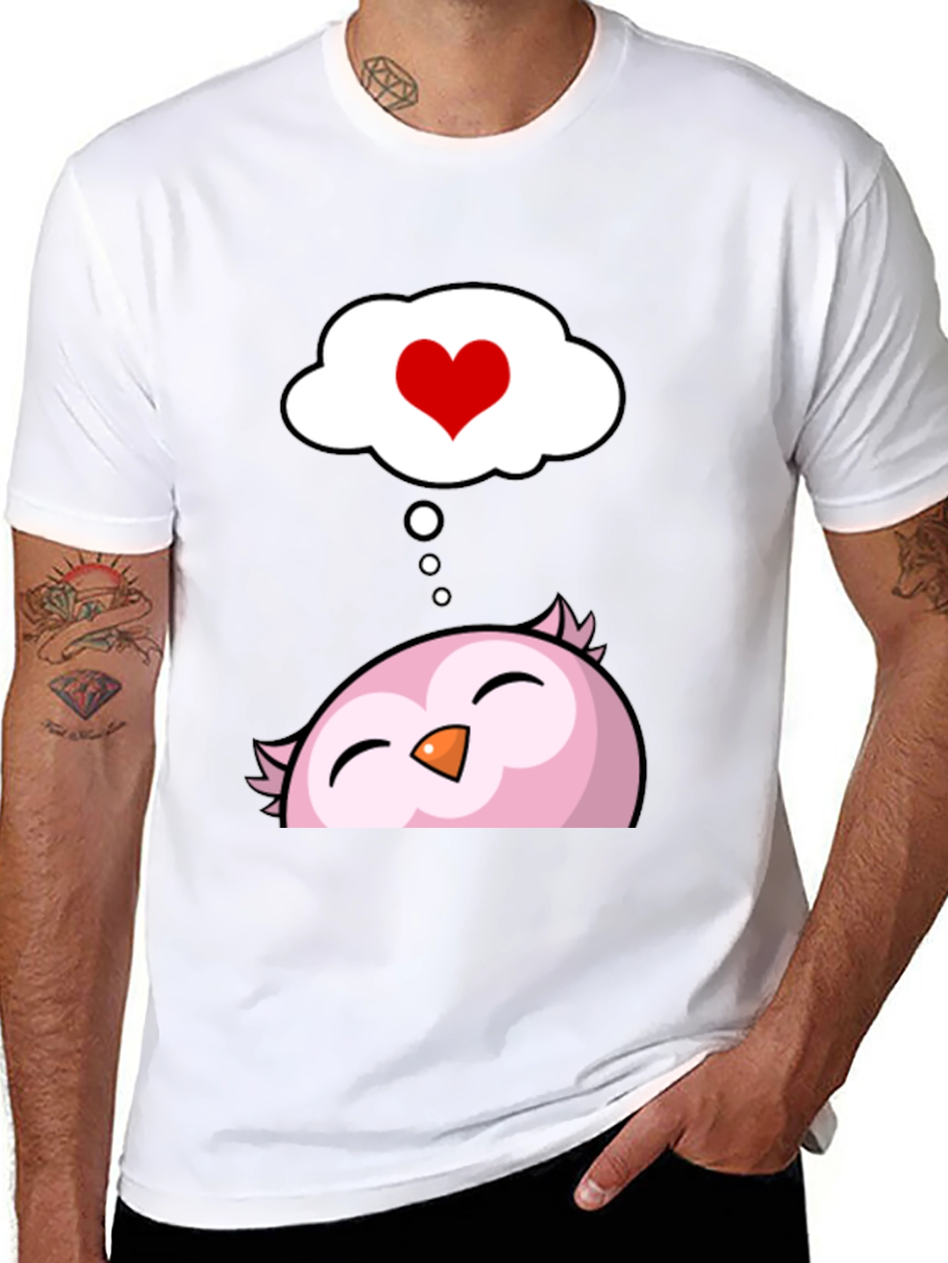Black Cute Owl in Love Men's Black T-Shirt view 8